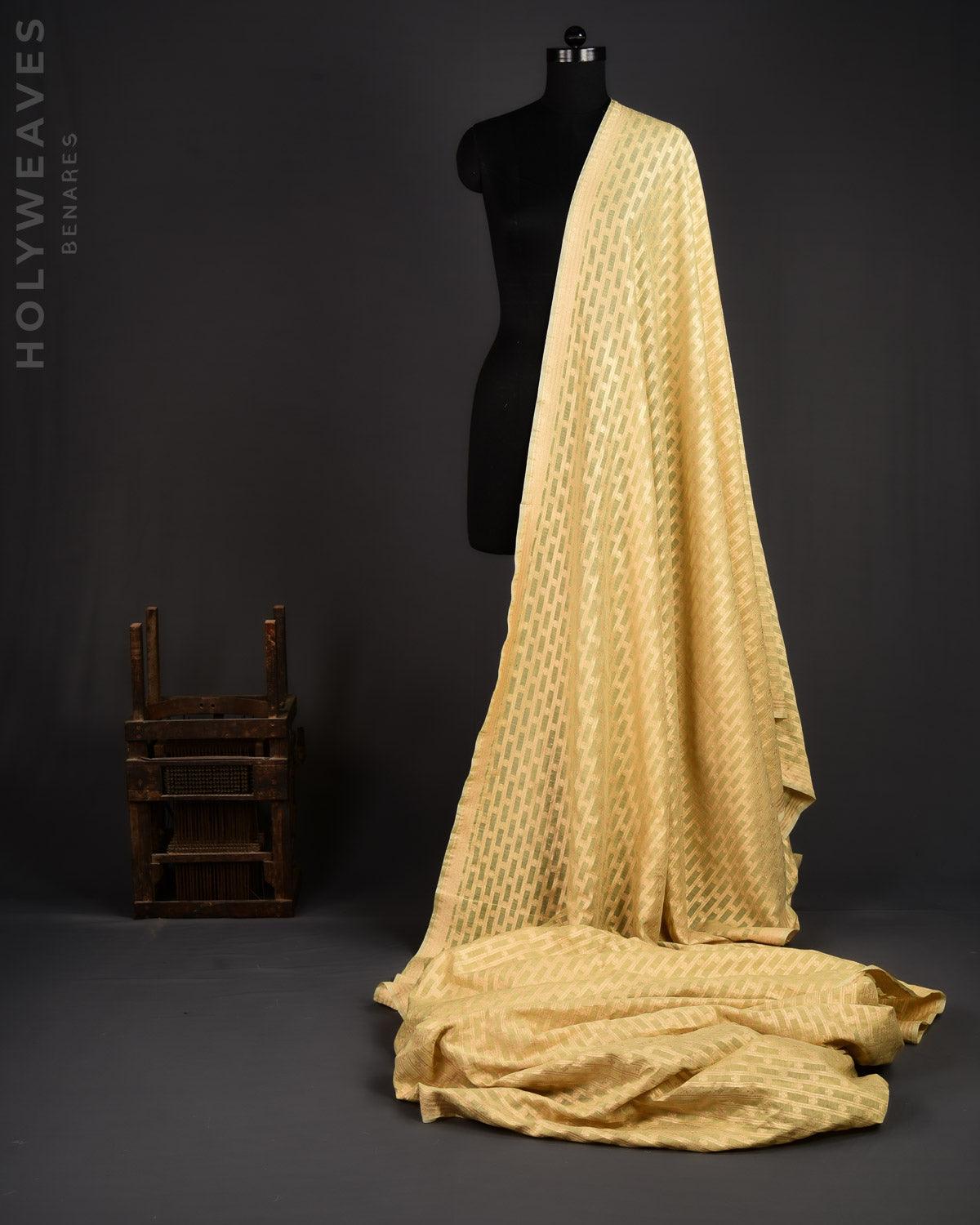 Green Banarasi Gold Zari Stripes Buti Cutwork Brocade Handwoven Cotton Silk Fabric - By HolyWeaves, Benares