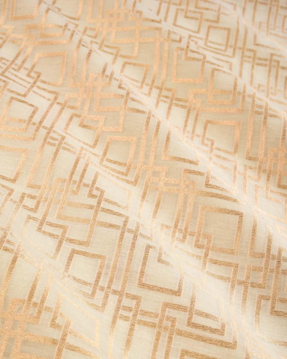 White Banarasi Gold Zari Geometric Cutwork Brocade Handwoven Cotton Silk Fabric - By HolyWeaves, Benares
