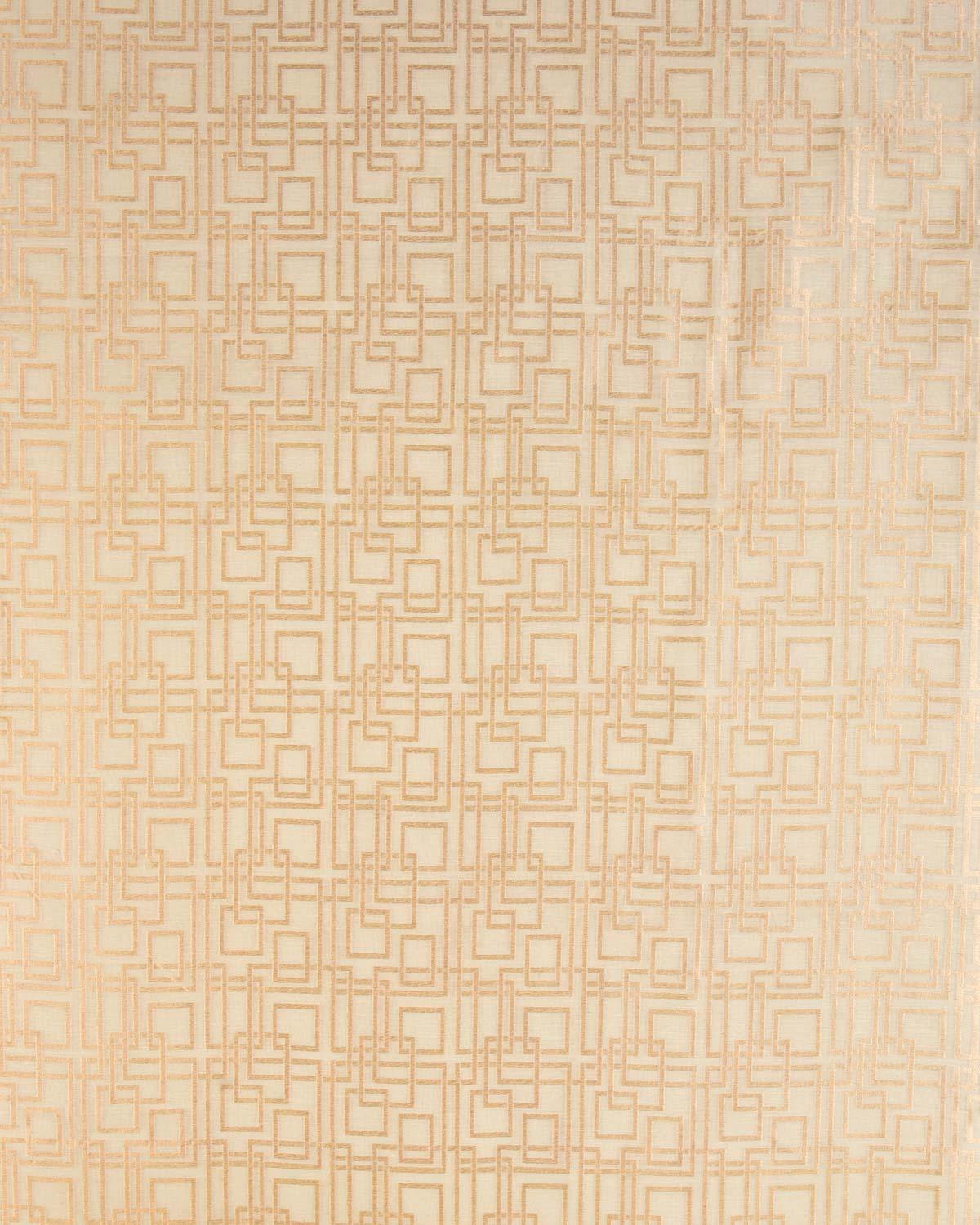 White Banarasi Gold Zari Geometric Cutwork Brocade Handwoven Cotton Silk Fabric - By HolyWeaves, Benares