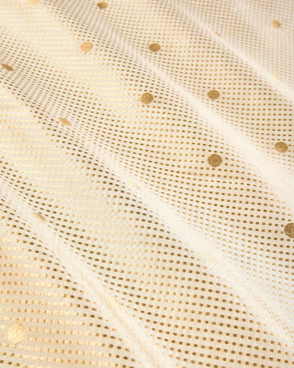 White Banarasi Gold Zari Polka Dots Brocade Woven Spun Silk Fabric - By HolyWeaves, Benares