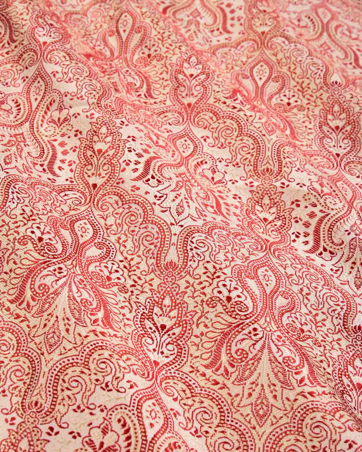 Red On White Banarasi Jamawar Handwoven Silk Scarf 38"x38" - By HolyWeaves, Benares