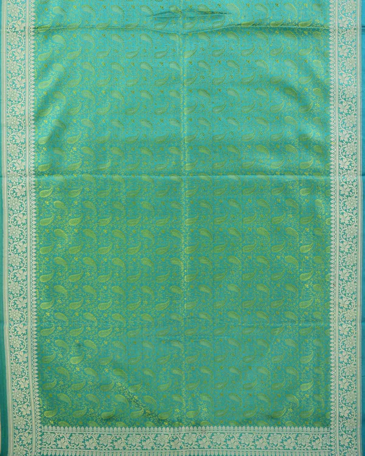 Shot Blue-Green Banarasi Tanchoi Handwoven Silk Scarf 75"x21" - By HolyWeaves, Benares
