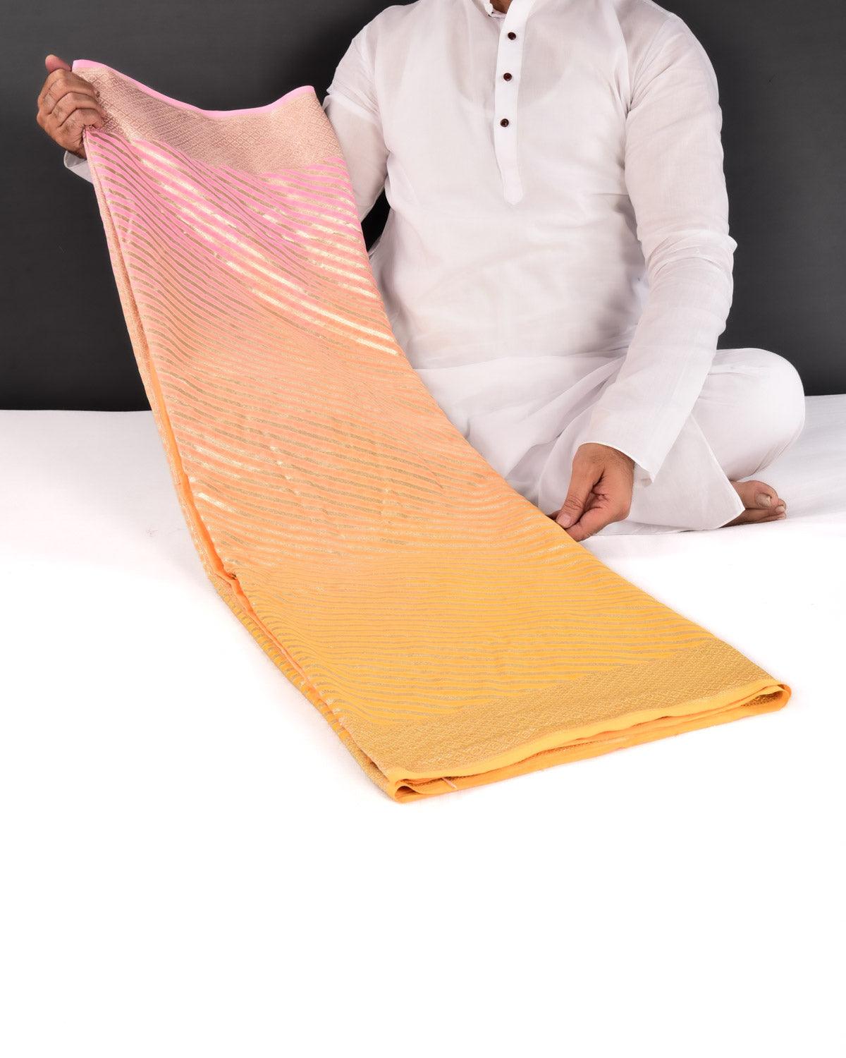 Ombré Pink-Orange Banarasi Diagonal Stripes Cutwork Brocade Handwoven Khaddi Georgette Saree - By HolyWeaves, Benares