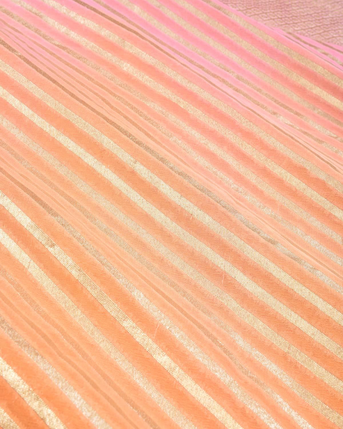 Ombré Pink-Orange Banarasi Diagonal Stripes Cutwork Brocade Handwoven Khaddi Georgette Saree - By HolyWeaves, Benares