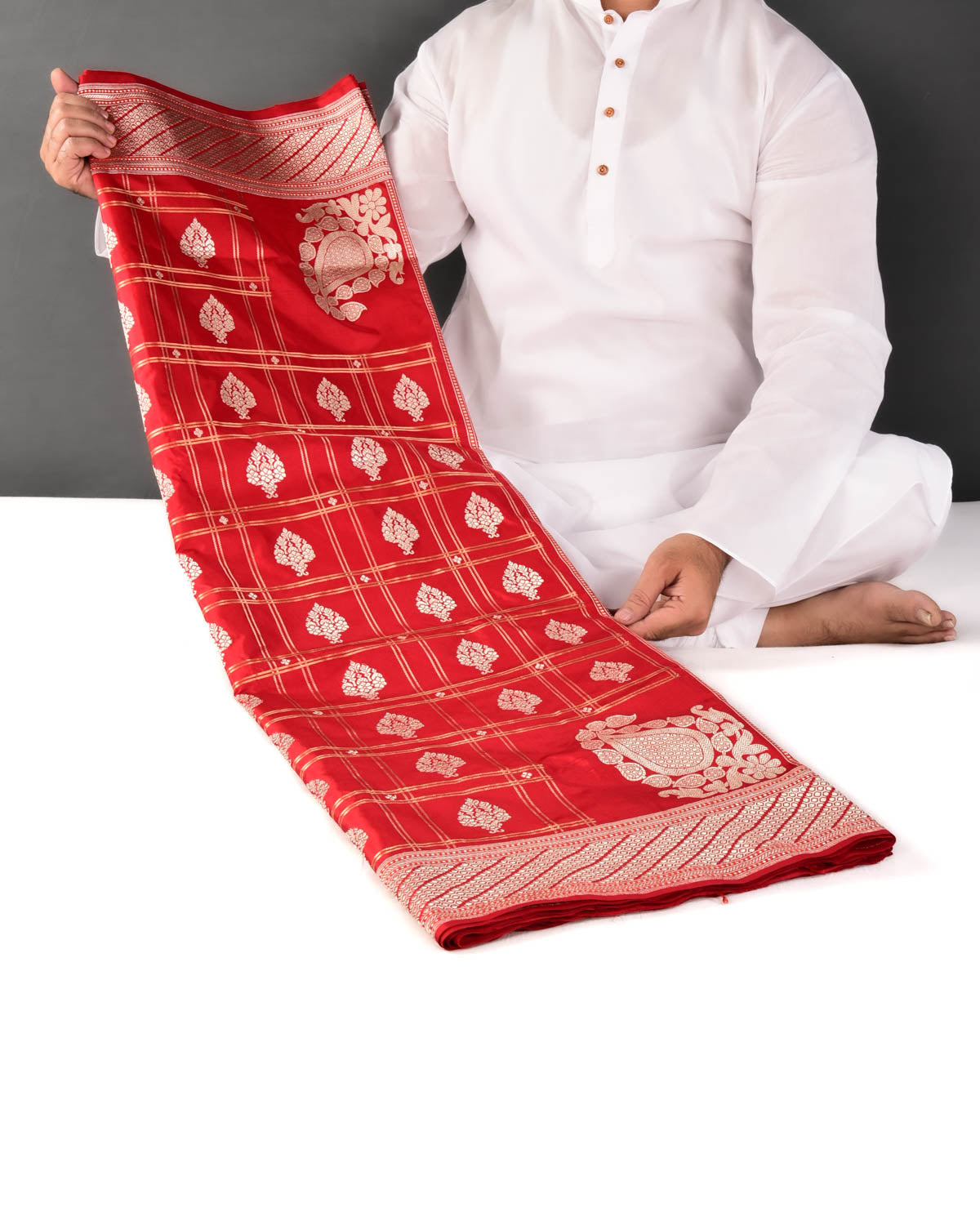 Red Banarasi Kadhuan Brocade Handwoven Katan Silk Saree with Koniya Kairi Buti - By HolyWeaves, Benares