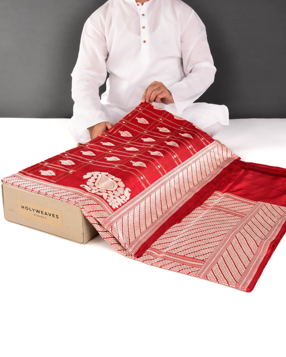 Red Banarasi Kadhuan Brocade Handwoven Katan Silk Saree with Koniya Kairi Buti - By HolyWeaves, Benares