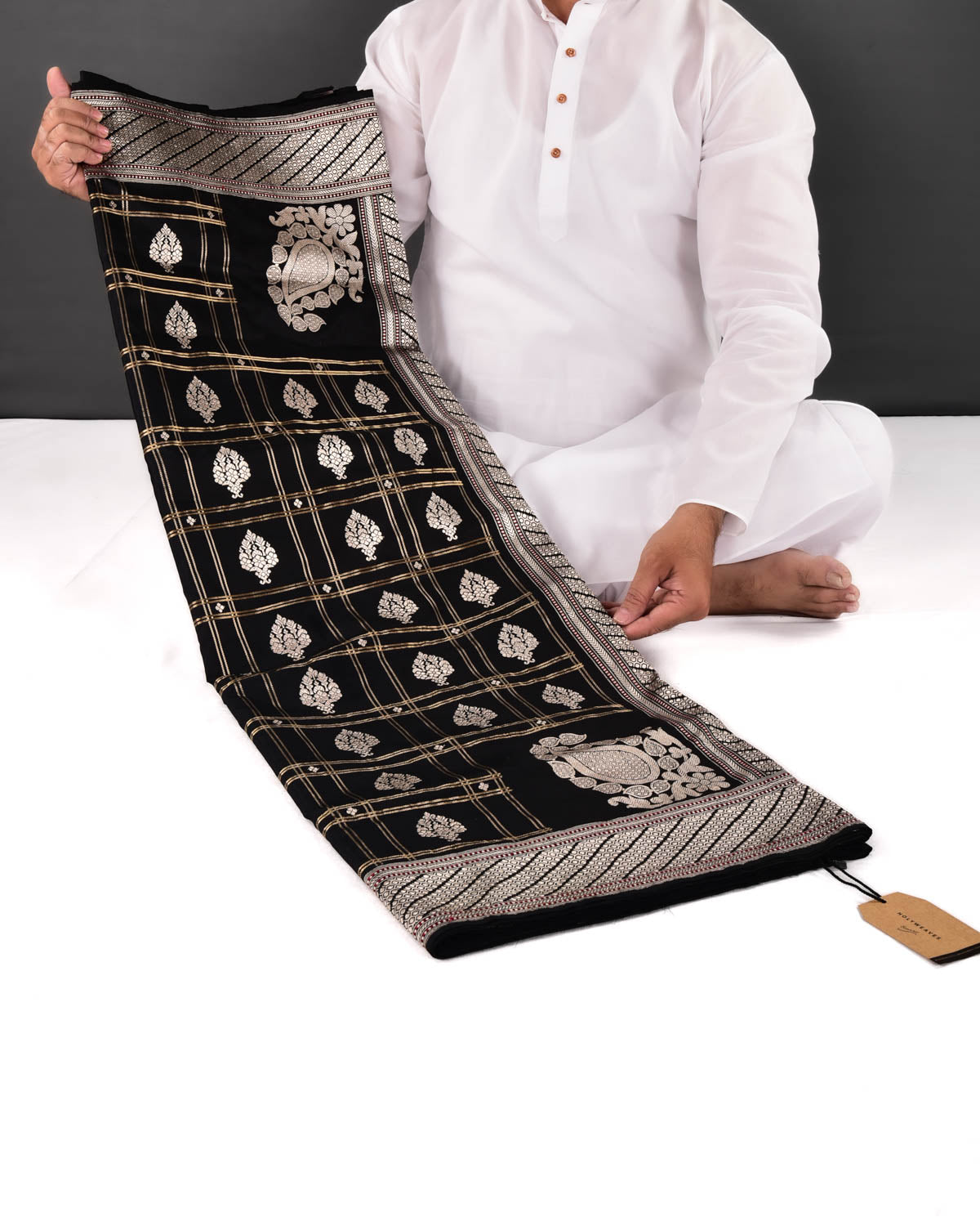 Black Banarasi Kadhuan Brocade Handwoven Katan Silk Saree with Koniya Kairi Buti - By HolyWeaves, Benares