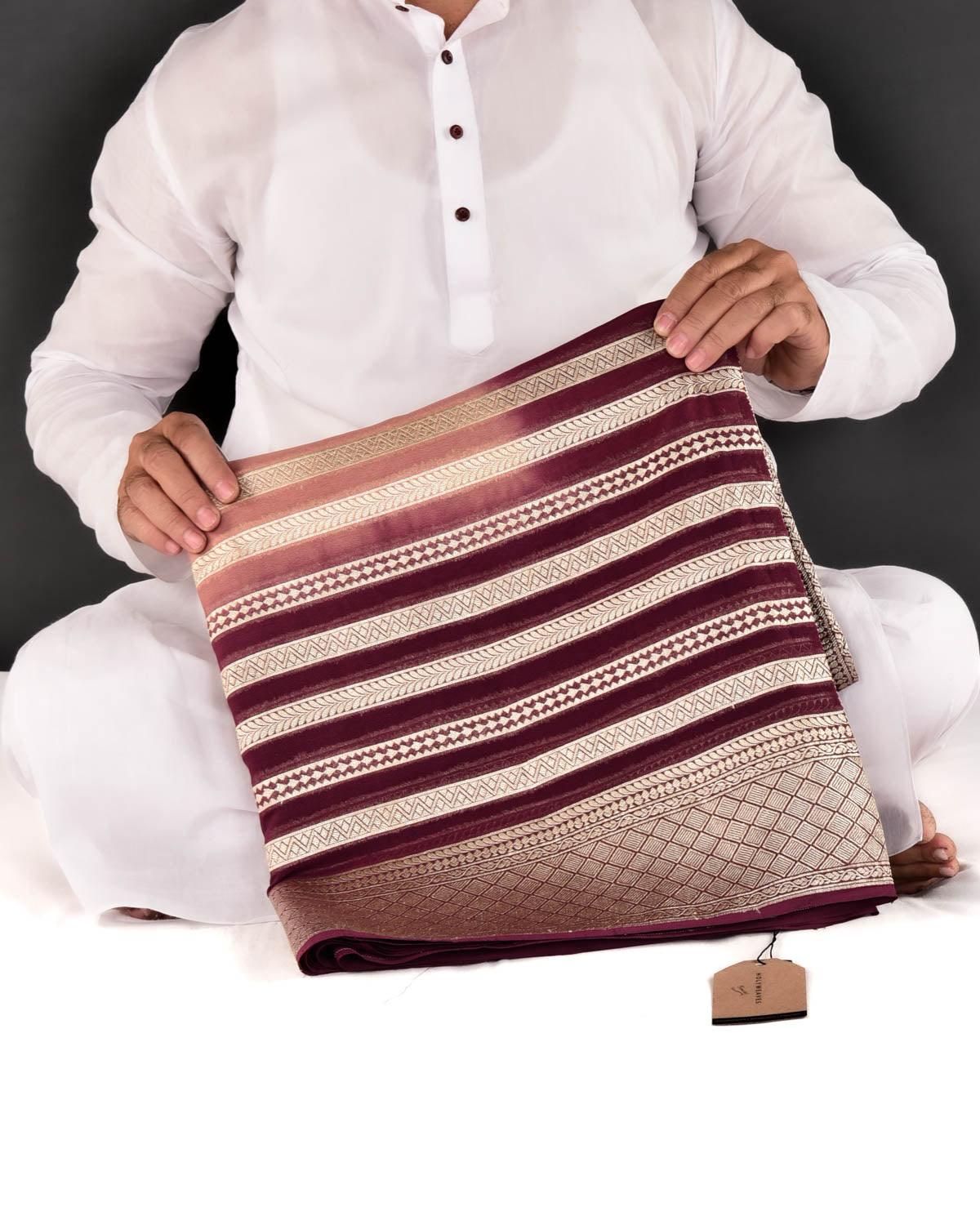 Shaded Brown Banarasi Gold Zari Stripes Cutwork Brocade Handwoven Khaddi Georgette Saree - By HolyWeaves, Benares