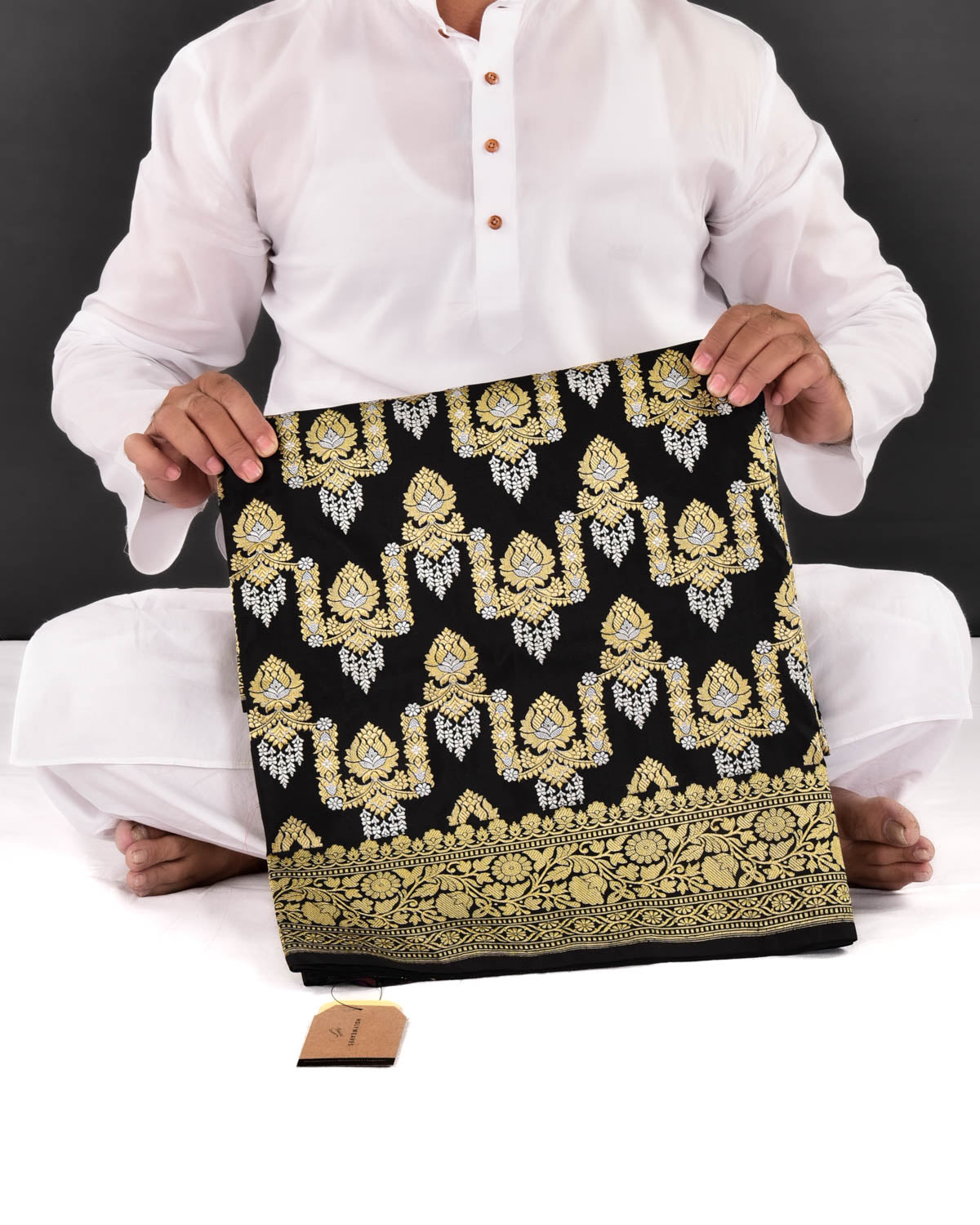 Black Banarasi Sona-Rupa Zari Jaal Kadhuan Brocade Handwoven Katan Silk Saree - By HolyWeaves, Benares
