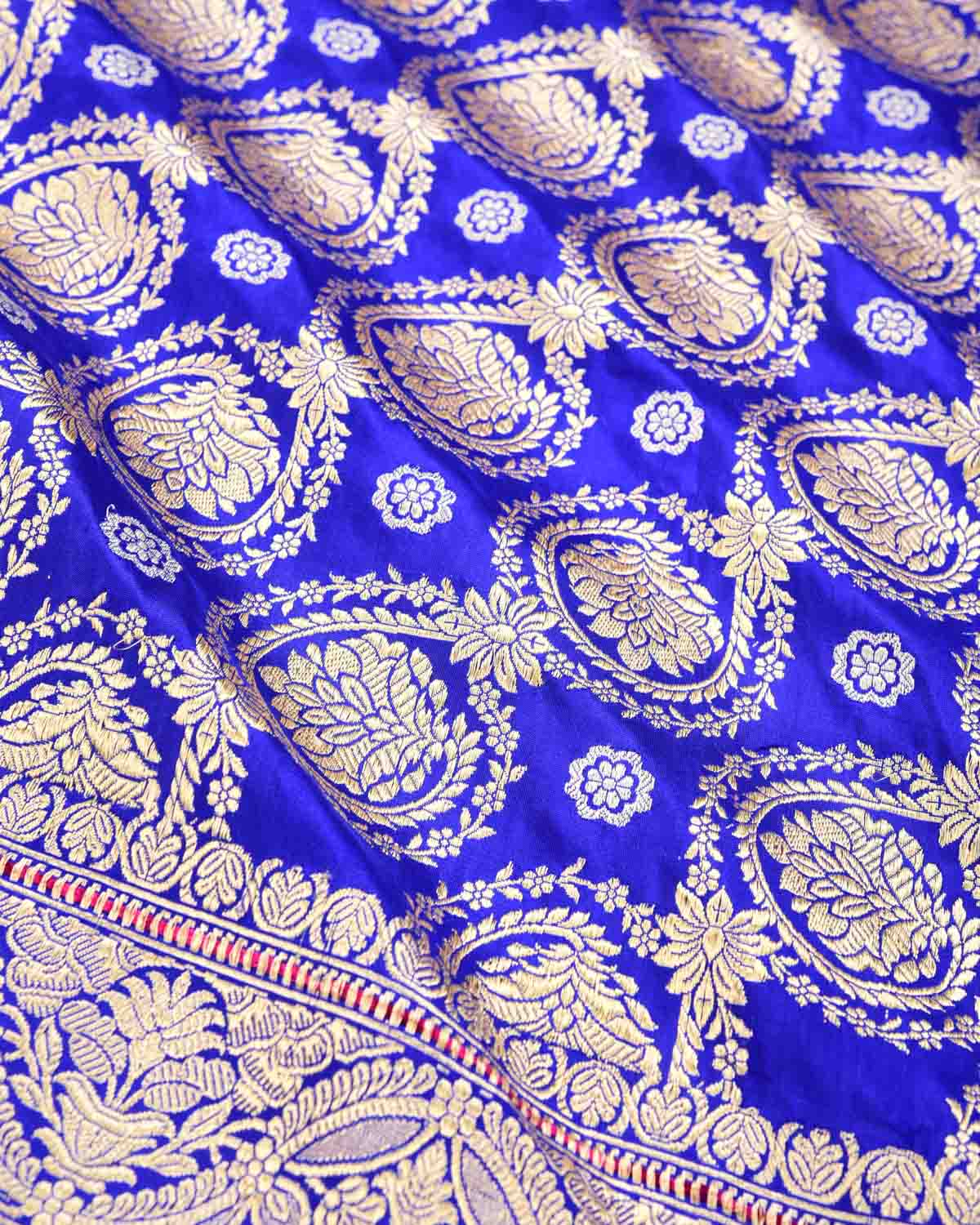 Royal Blue Banarasi Gold Zari Jaal with Silver Buti Kadhuan Brocade Handwoven Katan Silk Saree - By HolyWeaves, Benares