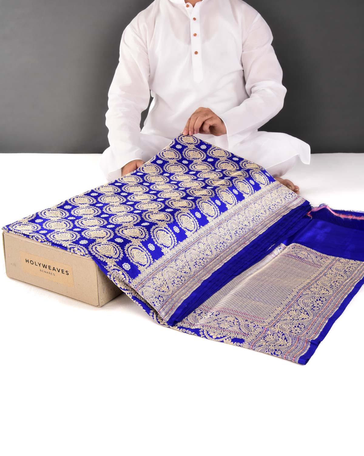 Royal Blue Banarasi Gold Zari Jaal with Silver Buti Kadhuan Brocade Handwoven Katan Silk Saree - By HolyWeaves, Benares