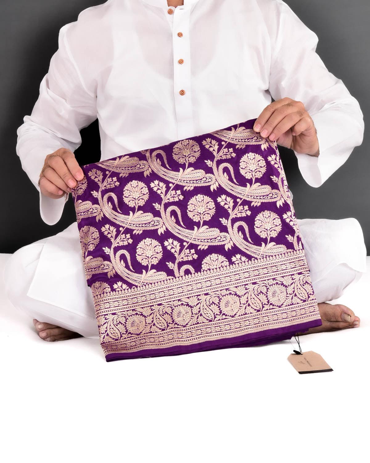 Purple Banarasi Diagonal Paisleys Gold Zari Cutwork Brocade Handwoven Katan Silk Saree - By HolyWeaves, Benares