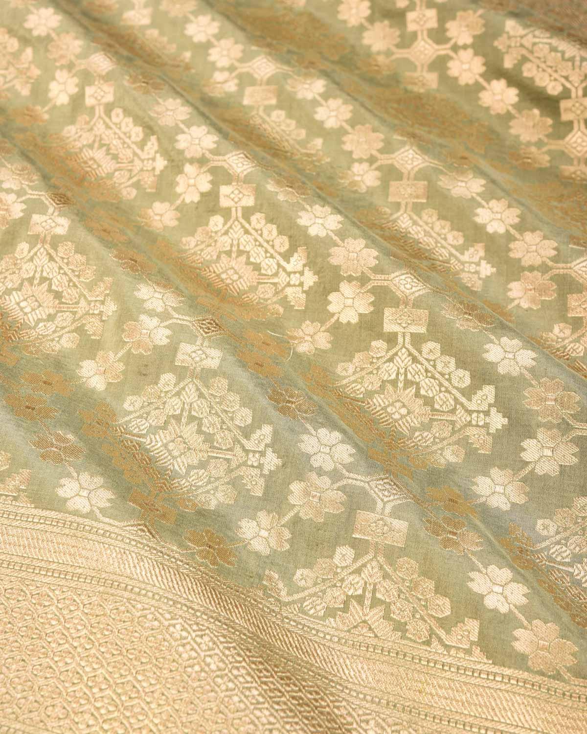 Gray-Green Banarasi Mughal Jaal Gold Zari Cutwork Brocade Handwoven Katan Silk Saree - By HolyWeaves, Benares