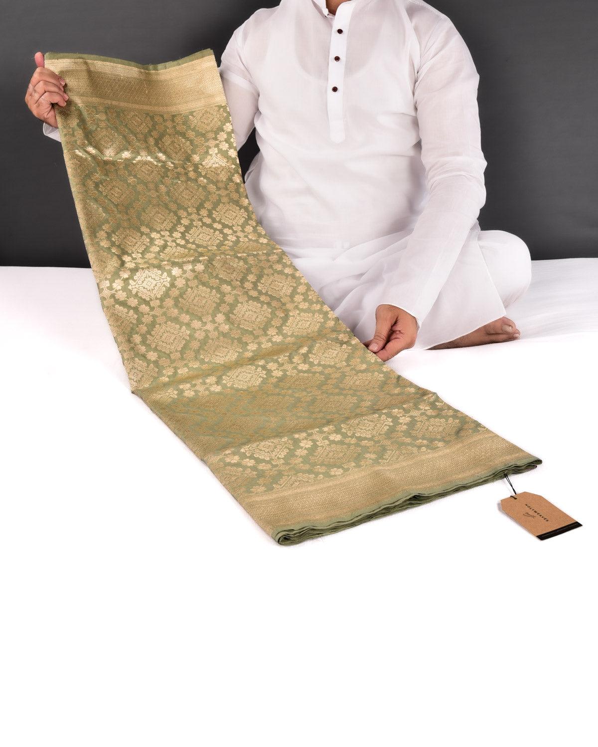 Gray-Green Banarasi Mughal Jaal Gold Zari Cutwork Brocade Handwoven Katan Silk Saree - By HolyWeaves, Benares