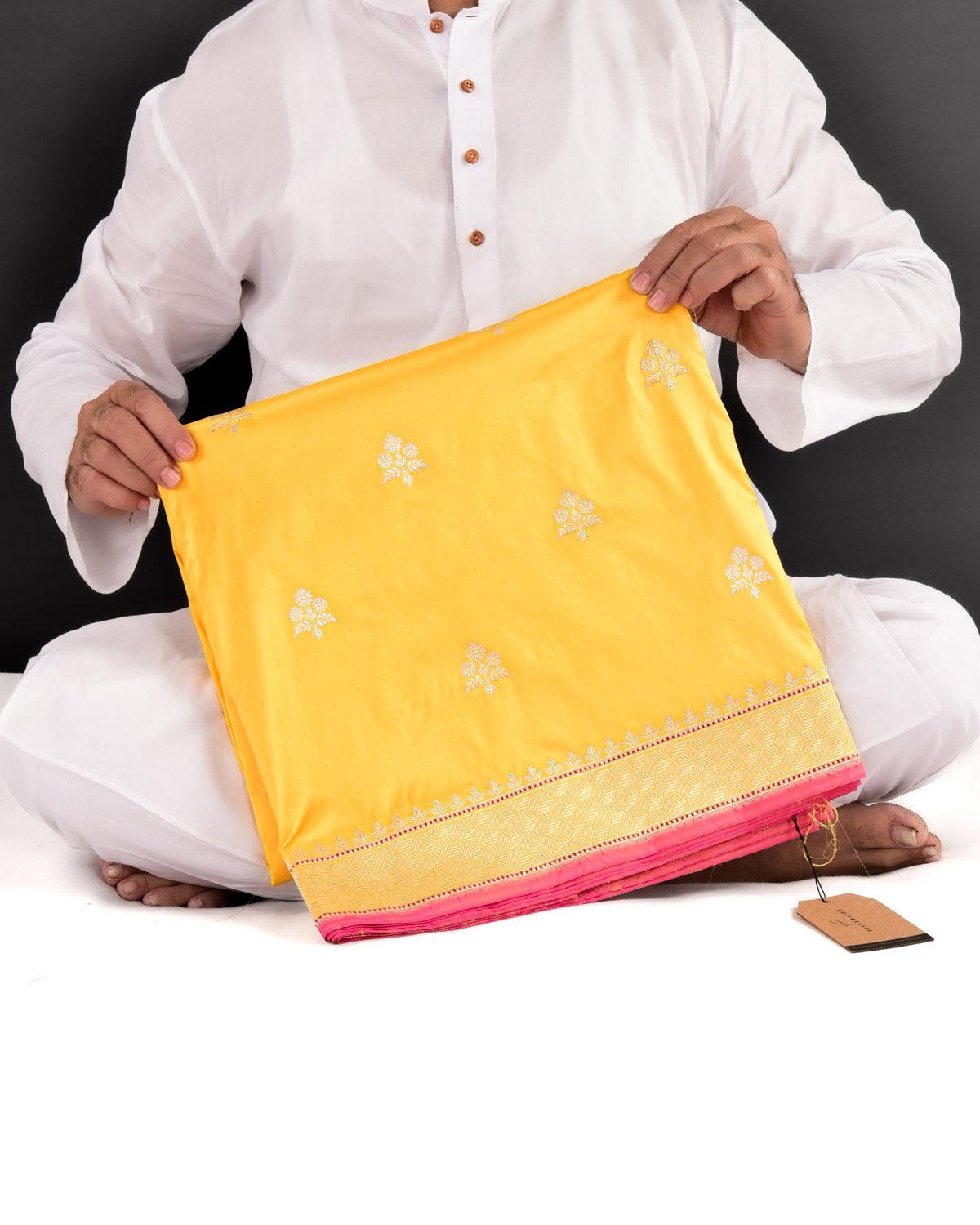 Yellow Banarasi Gold & Silver Zari Alfi Buti Kadhuan Brocade Handwoven Katan Silk Saree - By HolyWeaves, Benares