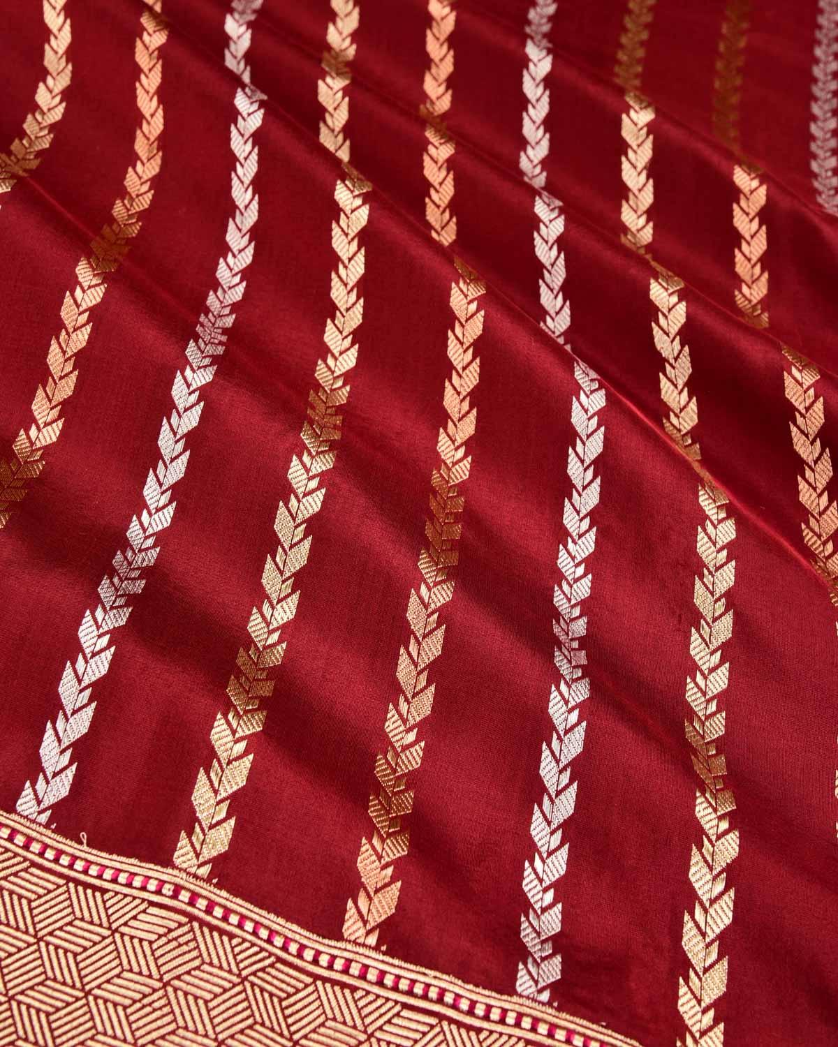 Maroon Banarasi Gold Silver Antique Zari Herringbone Stripes Kadhuan Brocade Handwoven Katan Silk Saree - By HolyWeaves, Benares