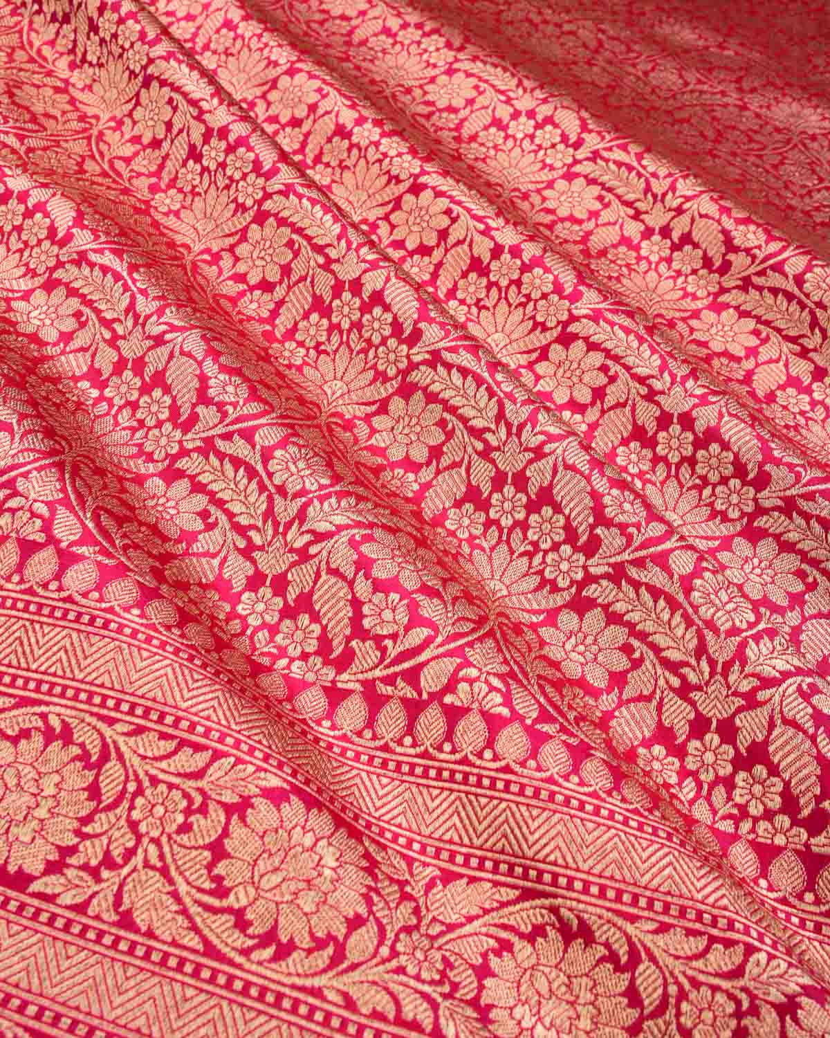 Shot Red-Pink Banarasi Soft Gold Zari Ghana Jaal Brocade Handwoven Katan Silk Saree - By HolyWeaves, Benares