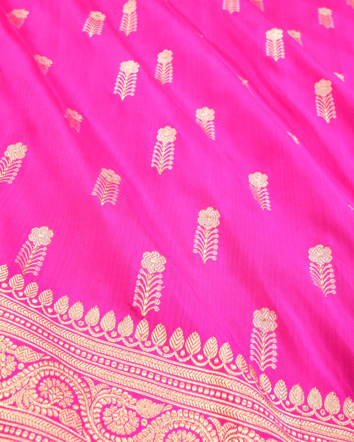 Rani Pink Banarasi Gold & Silver Zari Flower Buti Kadhuan Brocade Handwoven Katan Silk Saree - By HolyWeaves, Benares
