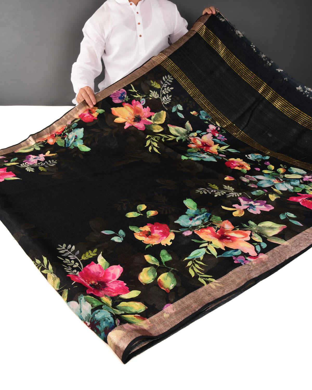 Black Floral Printed Muga Silk Saree with Zari Brocade Border - By HolyWeaves, Benares