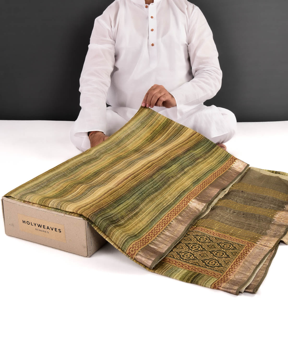 Multi Green Horizontal Stripes Printed Muga Silk Saree with Zari Brocade Border - By HolyWeaves, Benares