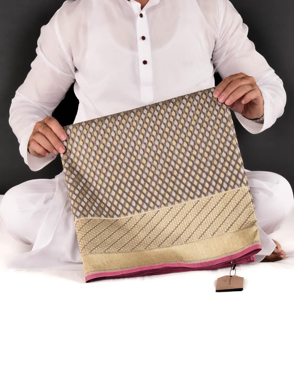 Gray Banarasi Resham & Gold Zari Ghani Buti Cutwork Brocade Handwoven Cotton Silk Saree - By HolyWeaves, Benares