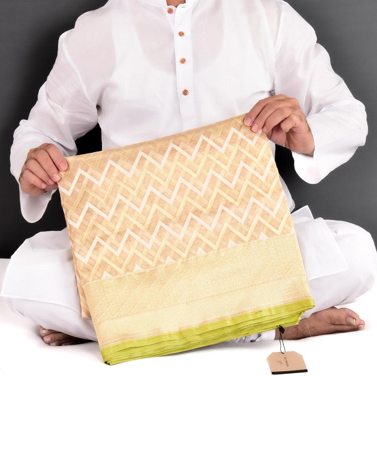 Metallic Beige Banarasi White Resham & Gold Zari Chevron Cutwork Brocade Handwoven Kora Tissue Saree - By HolyWeaves, Benares