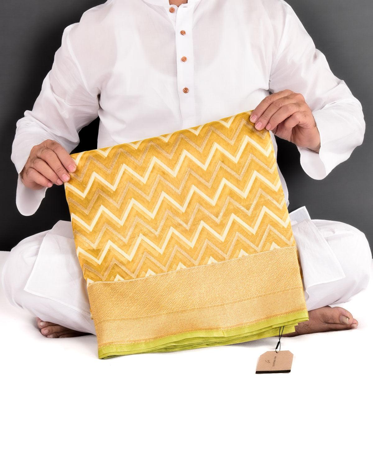Metallic Yellow Banarasi Gold Zari & White Resham Chevron Cutwork Brocade Handwoven Kora Tissue Saree - By HolyWeaves, Benares