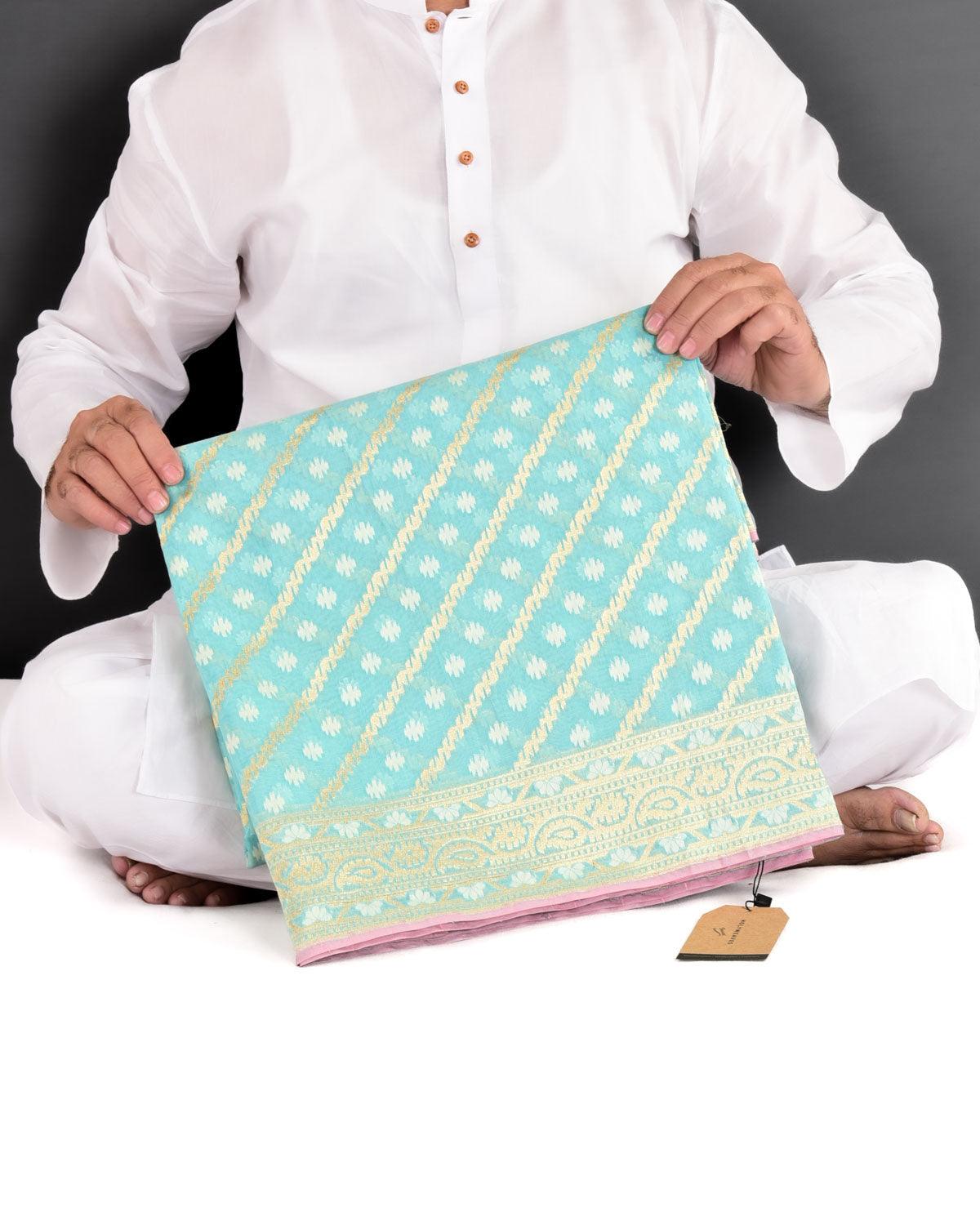 Turquoise Blue Banarasi Gold Zari & White Resham Alfi Diagonal Cutwork Brocade Handwoven Cotton Silk Saree - By HolyWeaves, Benares