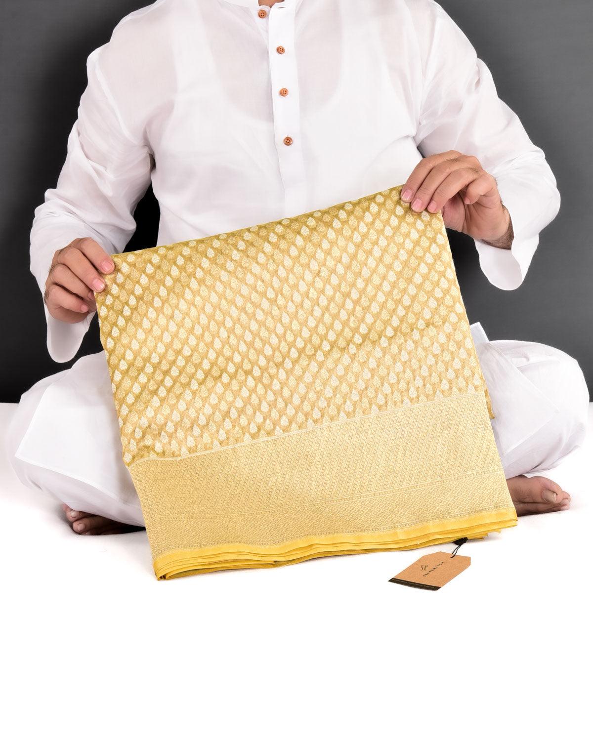 Metallic Green Banarasi Resham & Gold Zari Ghani Buti Cutwork Brocade Handwoven Kora Tissue Saree - By HolyWeaves, Benares