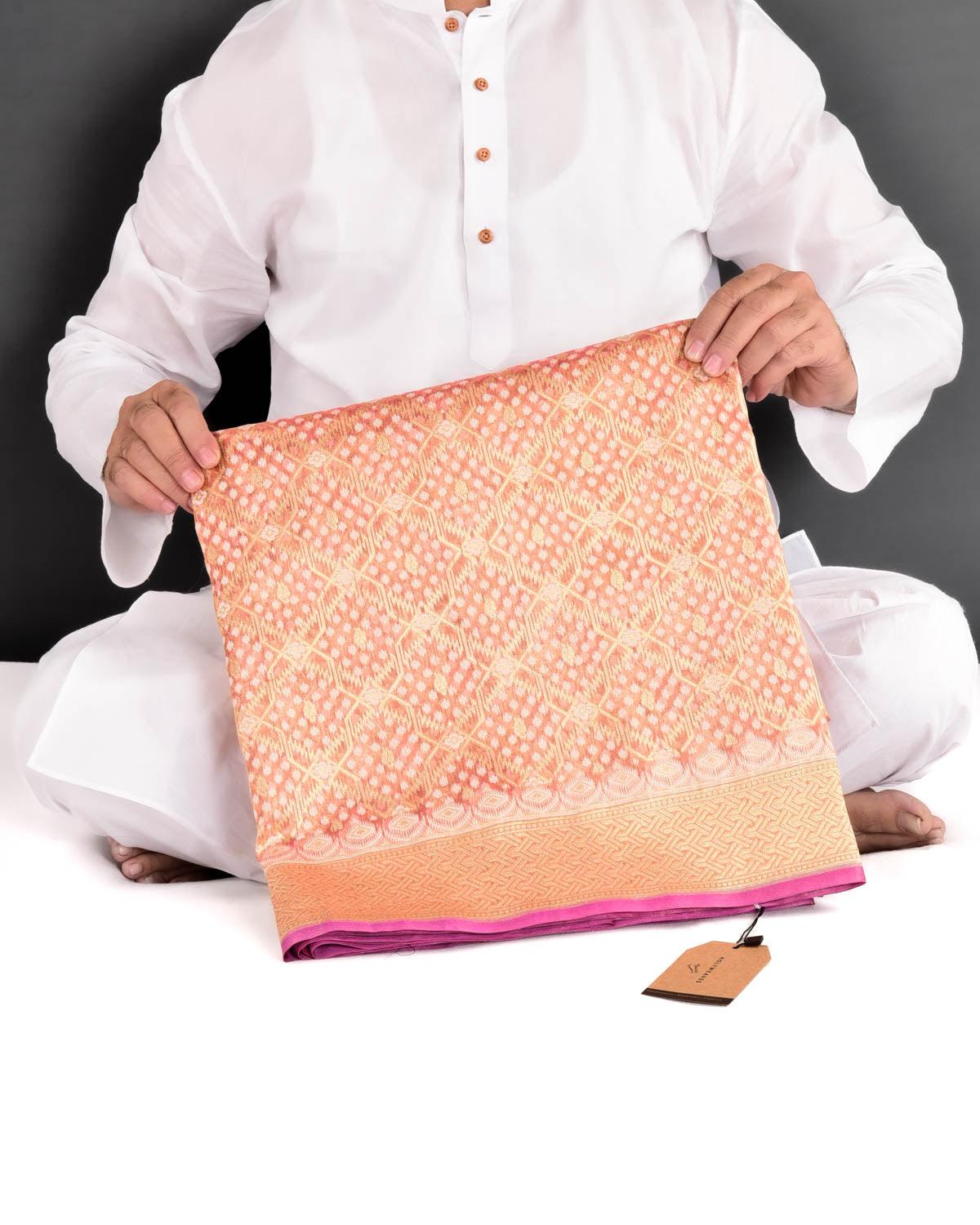 Metallic Pink Banarasi Resham & Gold Zari Gharchola Cutwork Brocade Handwoven Kora Tissue Saree - By HolyWeaves, Benares