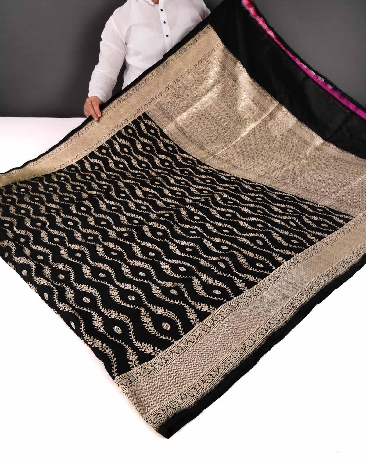 Black Banarasi Gold Zari Cutwork Brocade Handwoven Katan Silk Saree - By HolyWeaves, Benares