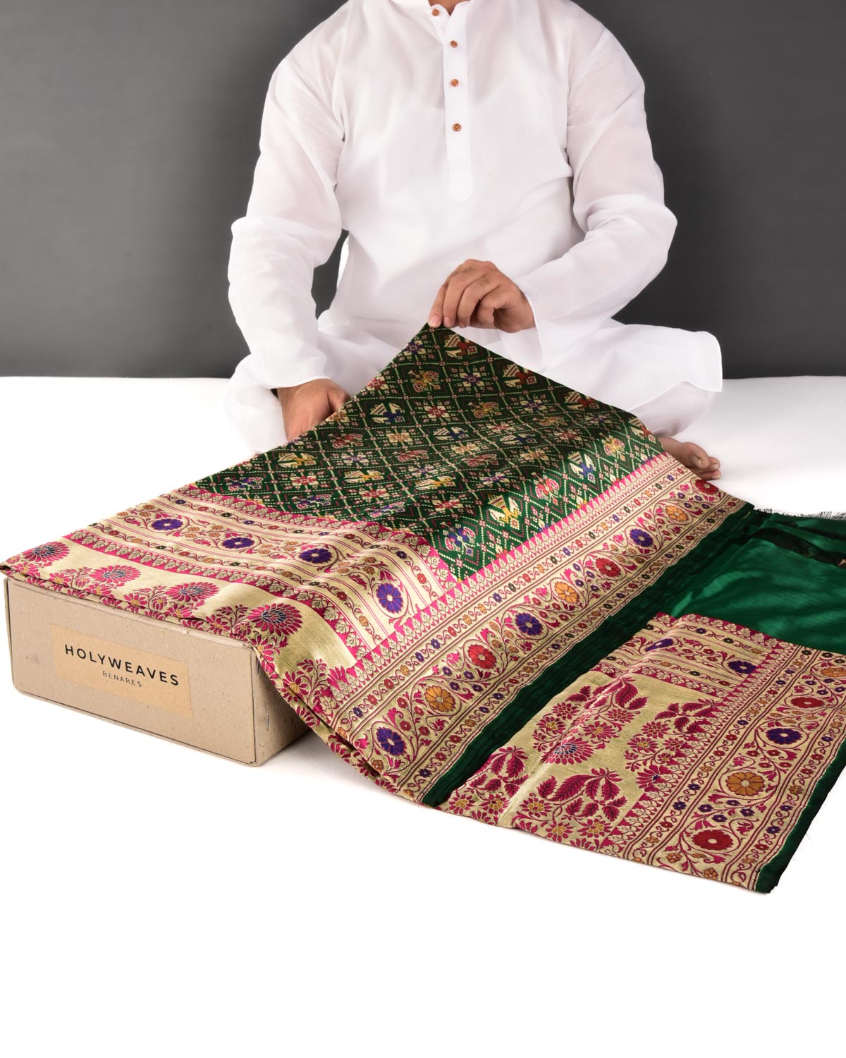 Green Banarasi Tehri Bridal Patola Cutwork Brocade Handwoven Katan Silk Saree - By HolyWeaves, Benares