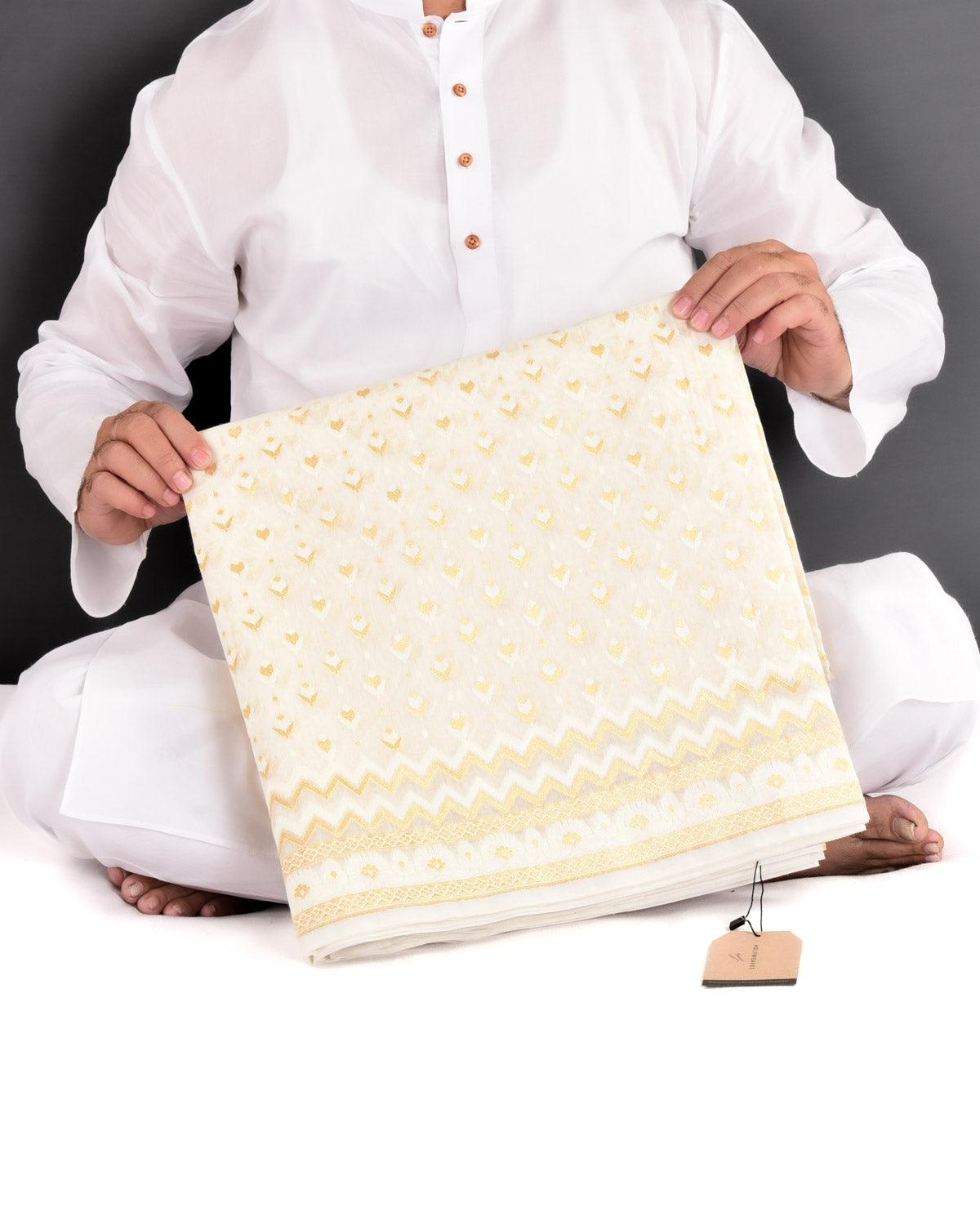 White Banarasi Gold Zari & White Resham Alfi Buti Cutwork Brocade Woven Art Cotton Silk Saree - By HolyWeaves, Benares