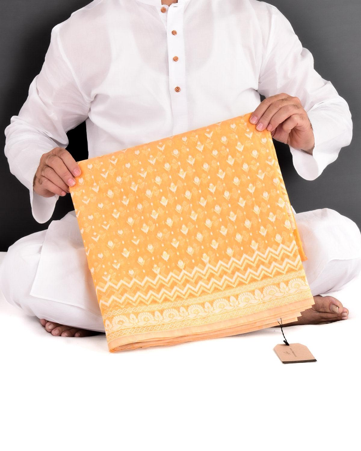 Orange Banarasi Gold Zari & White Resham Alfi Buti Cutwork Brocade Woven Art Cotton Silk Saree - By HolyWeaves, Benares