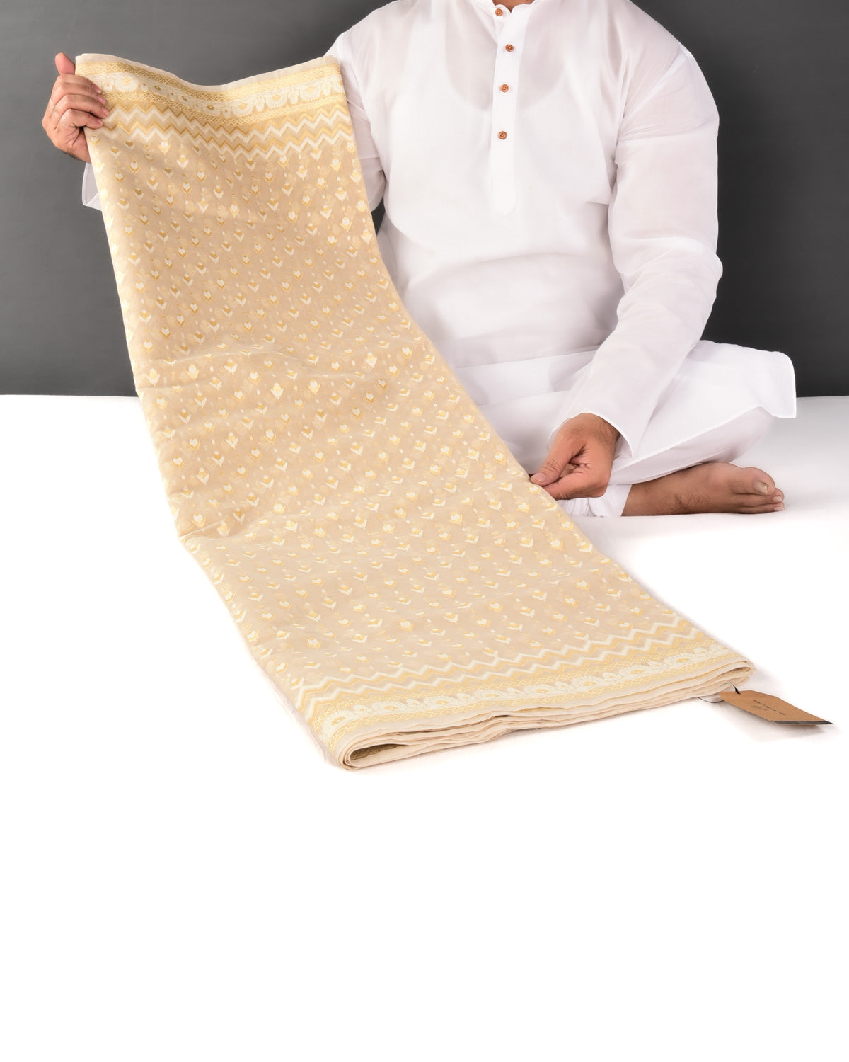 Beige Banarasi Gold Zari & White Resham Alfi Buti Cutwork Brocade Woven Art Cotton Silk Saree - By HolyWeaves, Benares
