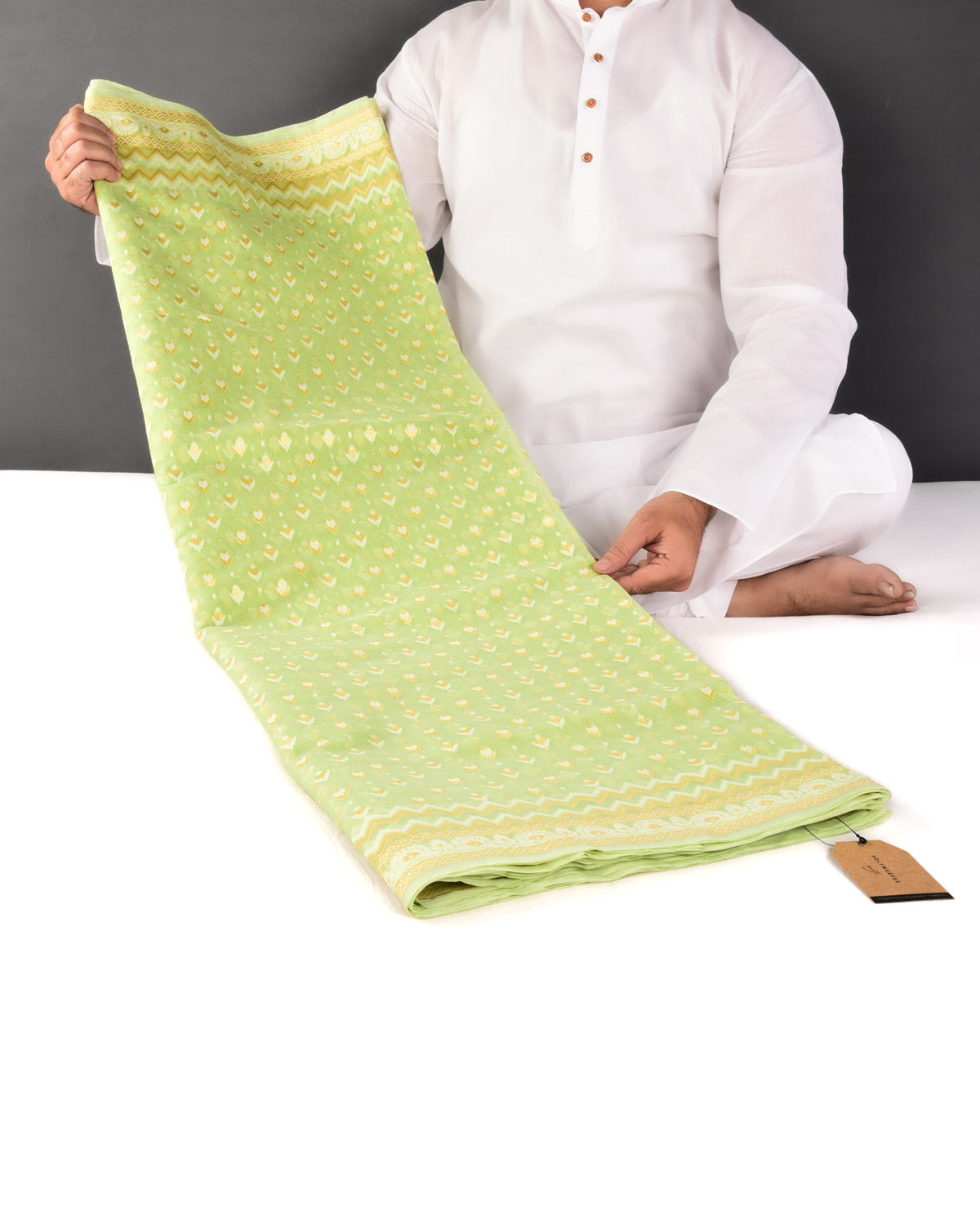 Green Banarasi Gold Zari & White Resham Alfi Buti Cutwork Brocade Woven Art Cotton Silk Saree - By HolyWeaves, Benares