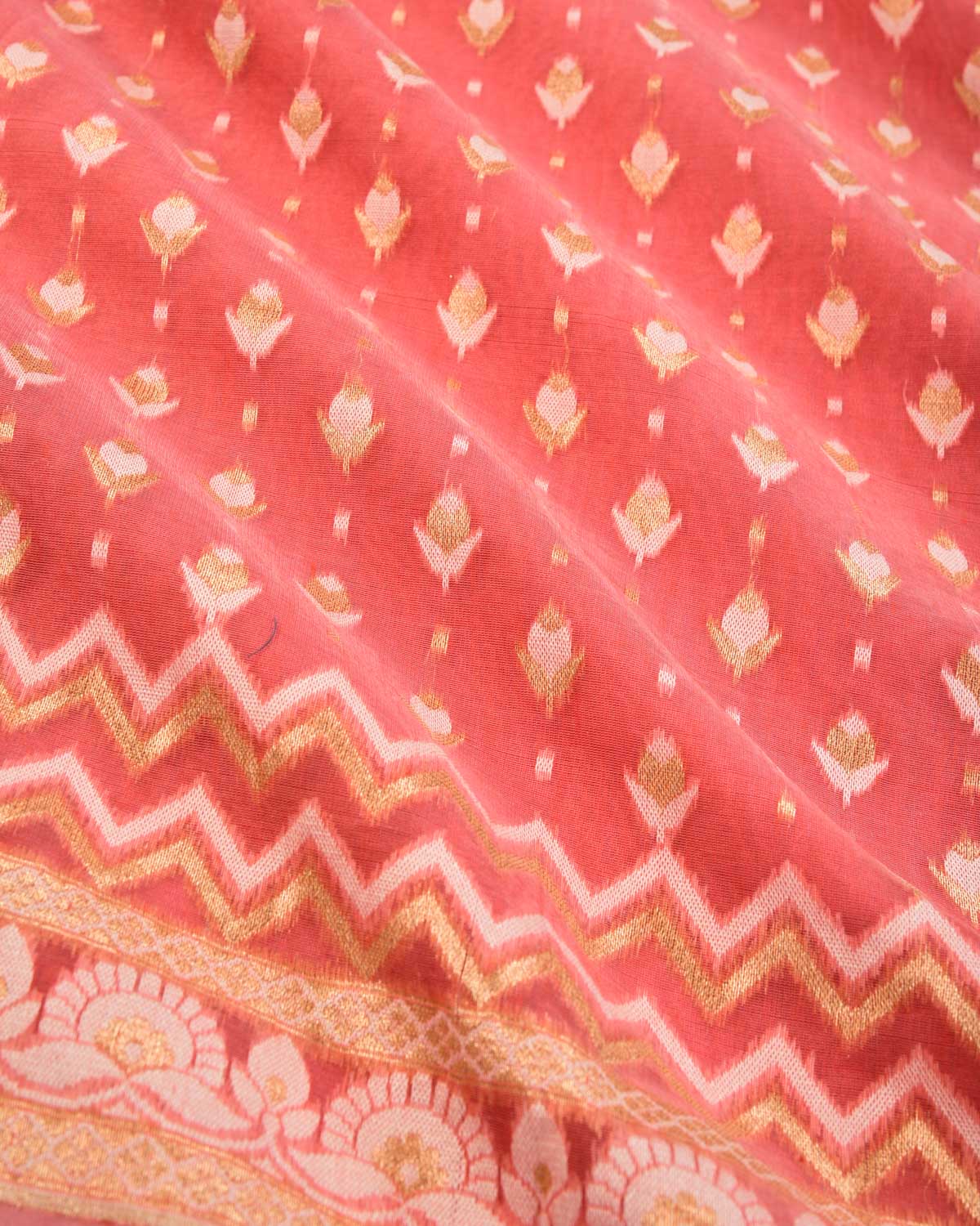 Peach Banarasi Gold Zari & White Resham Alfi Buti Cutwork Brocade Woven Art Cotton Silk Saree - By HolyWeaves, Benares