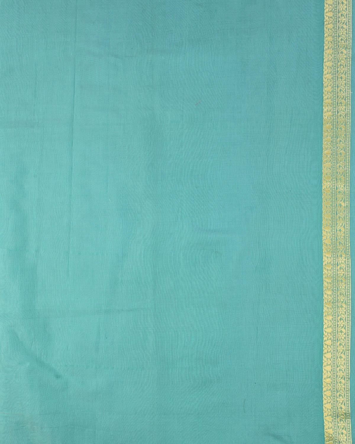 Caribbean Green Banarasi Gold Zari & White Diagonal Bel Cutwork Brocade Woven Art Cotton Silk Saree - By HolyWeaves, Benares