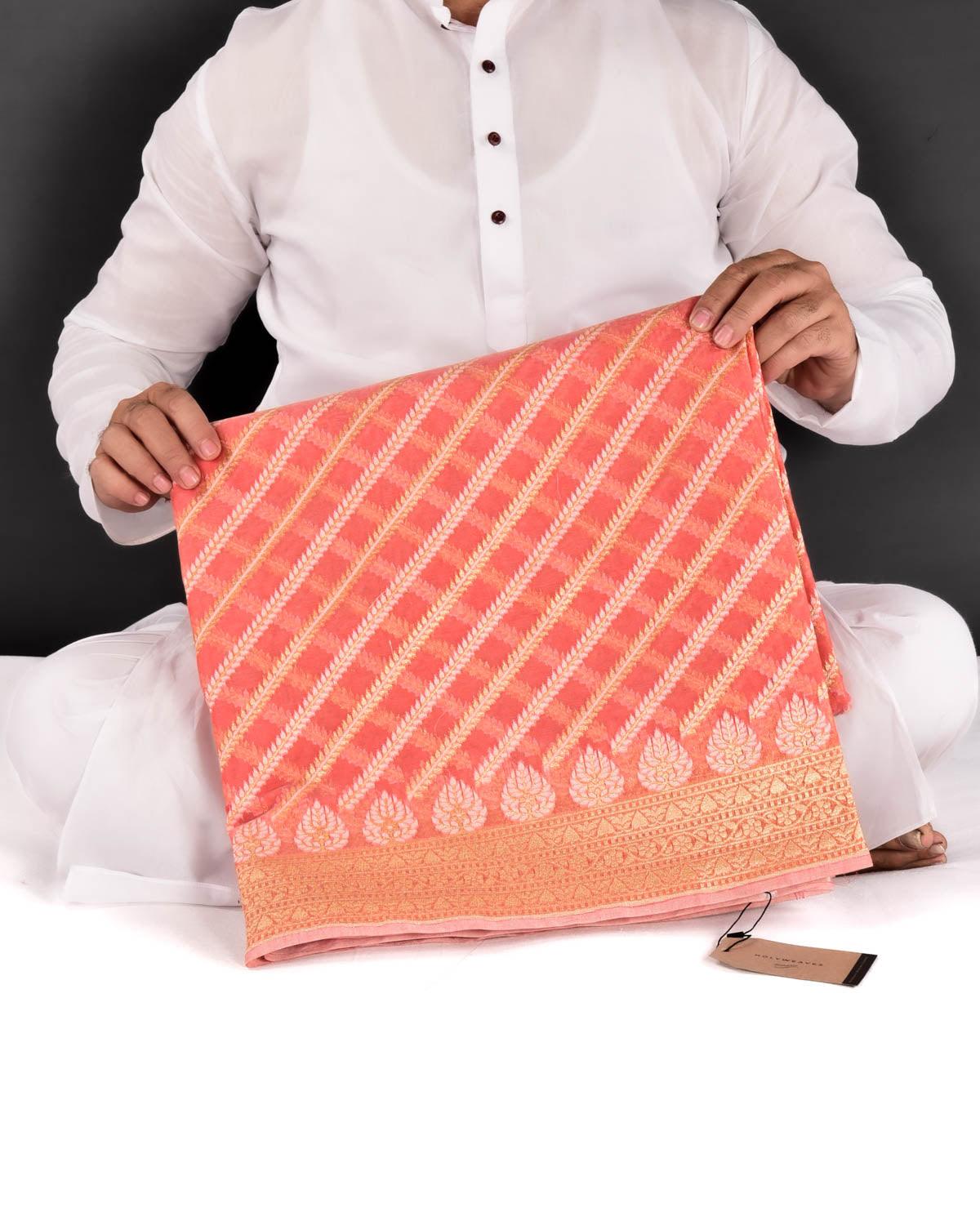 Peach Banarasi Gold Zari & White Diagonal Bel Cutwork Brocade Woven Art Cotton Silk Saree - By HolyWeaves, Benares