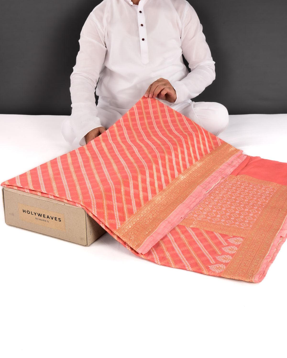 Peach Banarasi Gold Zari & White Diagonal Bel Cutwork Brocade Woven Art Cotton Silk Saree - By HolyWeaves, Benares