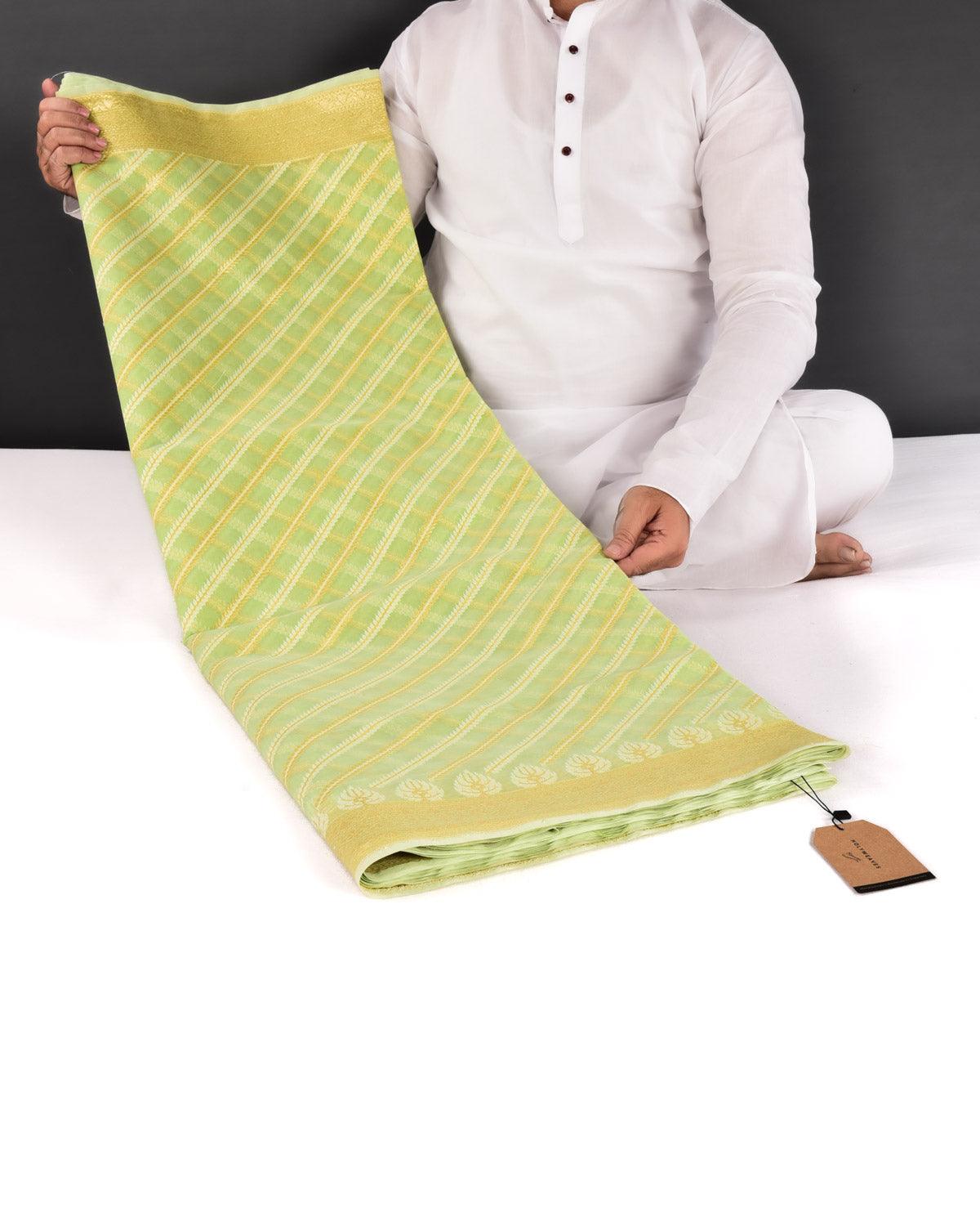 Sage Green Banarasi Gold Zari & White Diagonal Bel Cutwork Brocade Woven Art Cotton Silk Saree - By HolyWeaves, Benares
