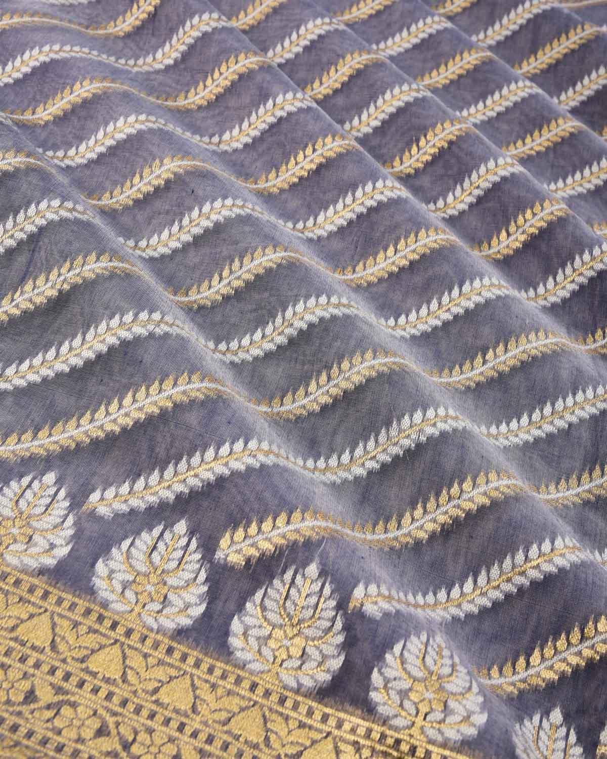 Gray Banarasi Gold Zari & White Diagonal Bel Cutwork Brocade Woven Art Cotton Silk Saree - By HolyWeaves, Benares