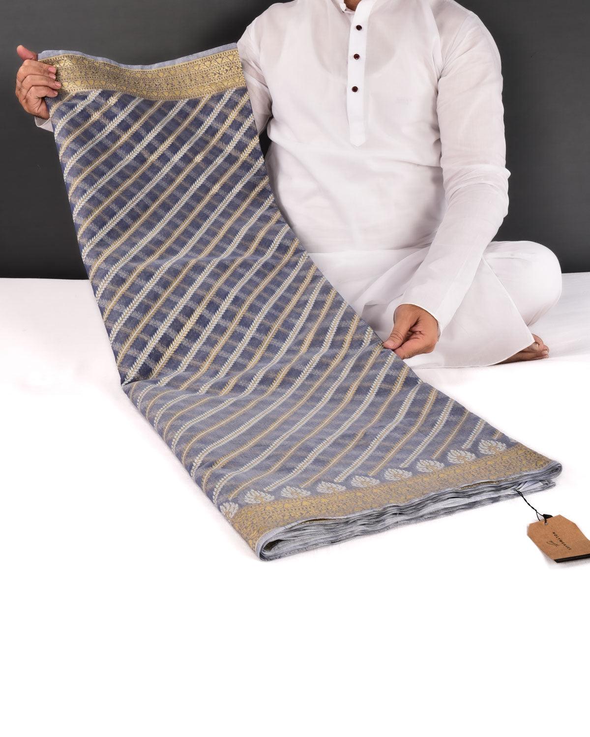 Gray Banarasi Gold Zari & White Diagonal Bel Cutwork Brocade Woven Art Cotton Silk Saree - By HolyWeaves, Benares