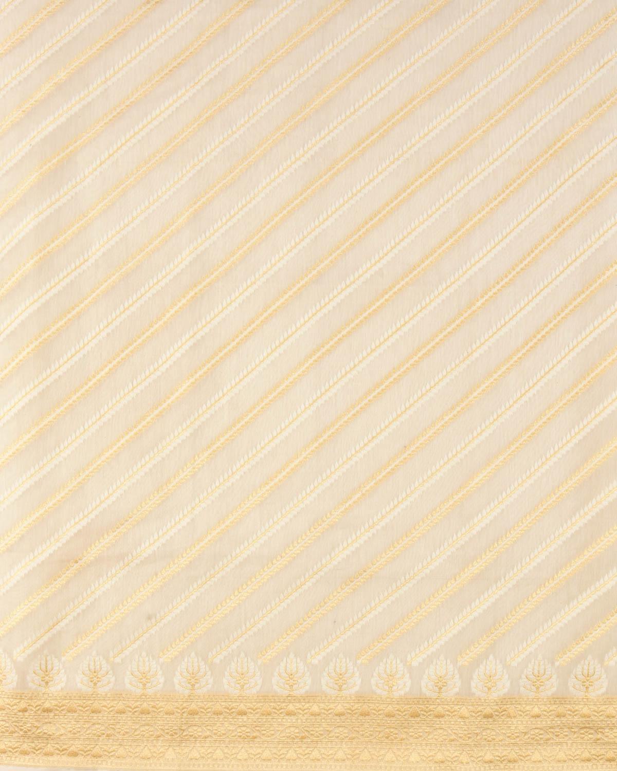White Banarasi Gold Zari & White Diagonal Bel Cutwork Brocade Woven Art Cotton Silk Saree - By HolyWeaves, Benares