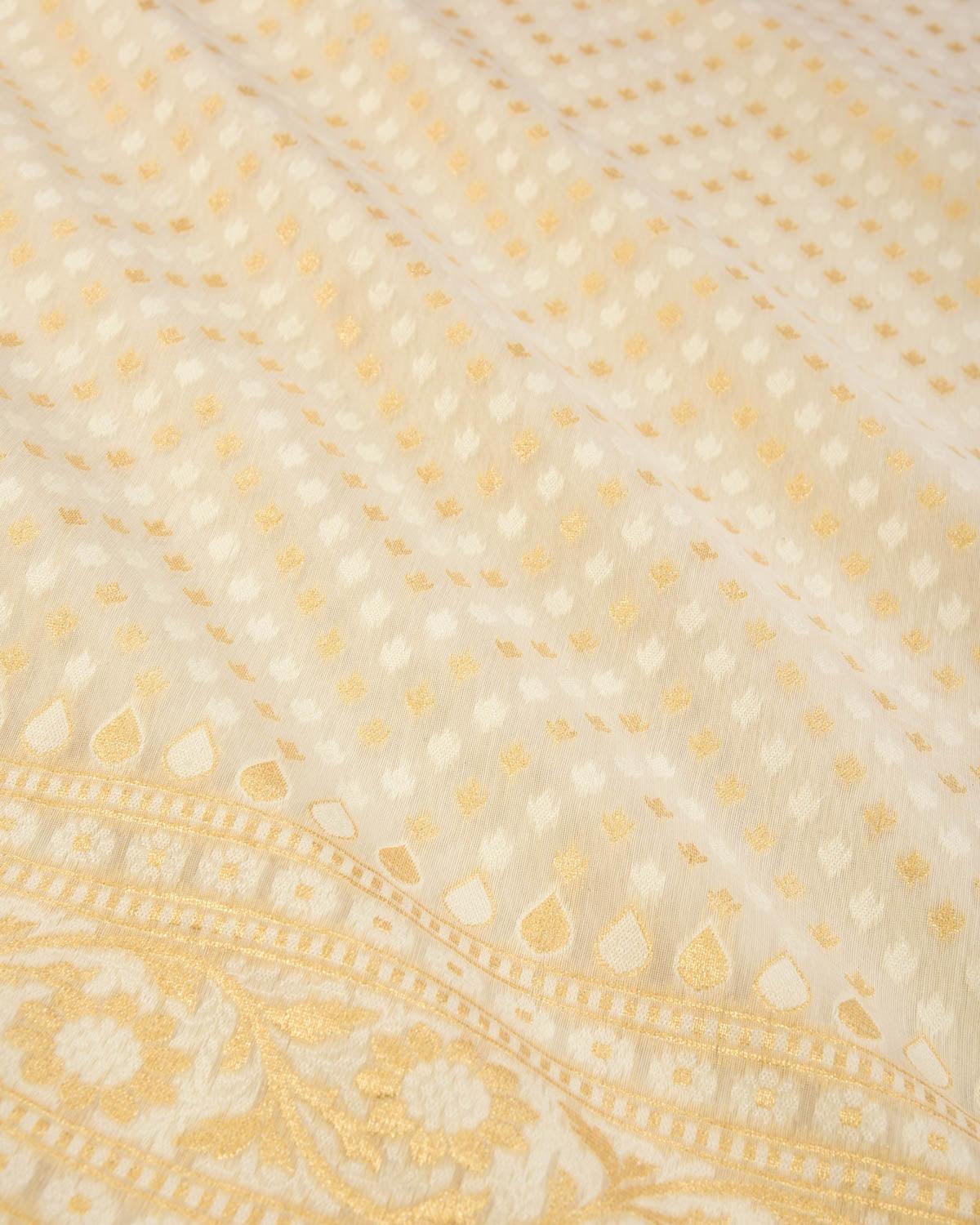 White Banarasi Gold Zari & White Chevron Buti Cutwork Brocade Woven Art Cotton Silk Saree - By HolyWeaves, Benares