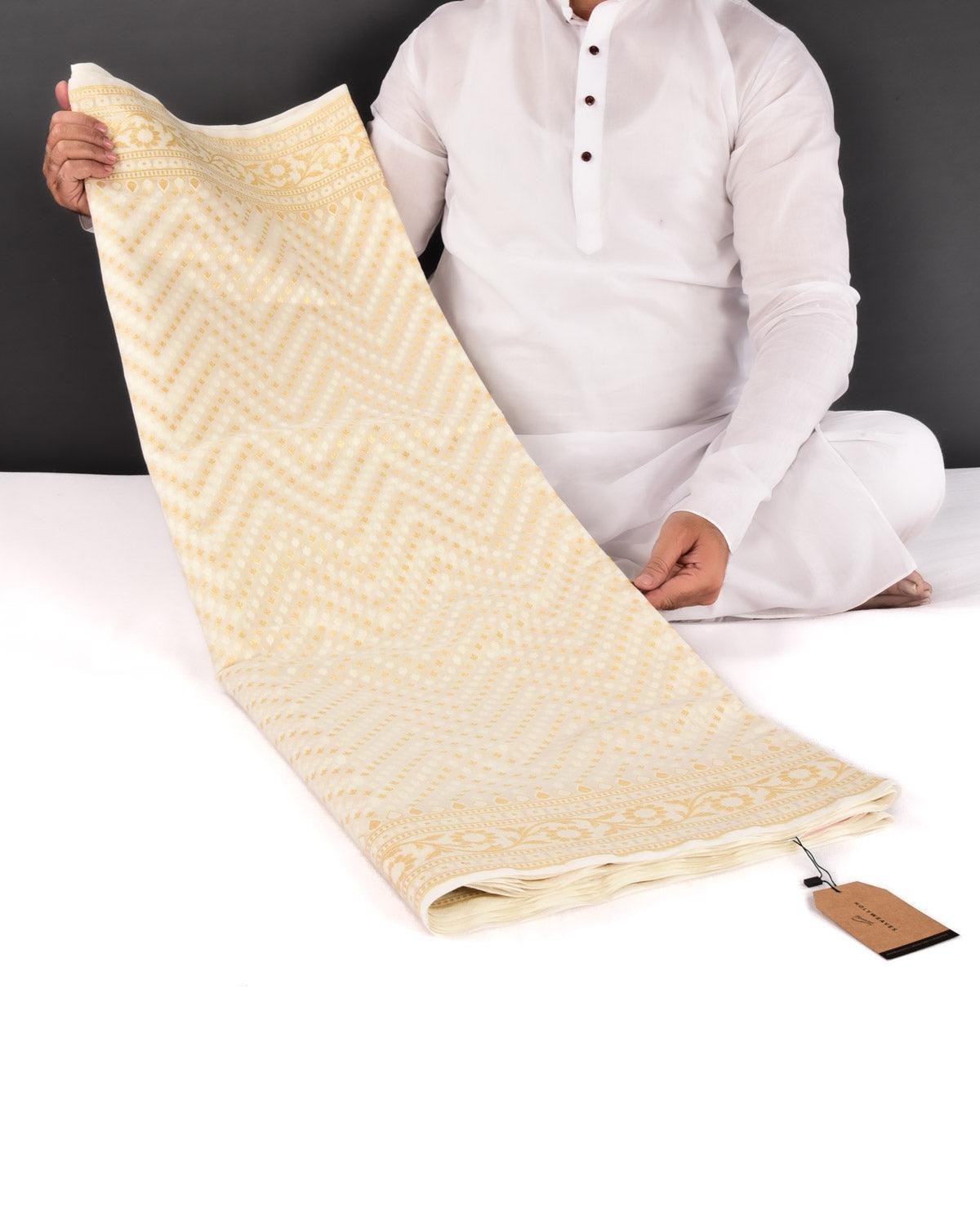 White Banarasi Gold Zari & White Chevron Buti Cutwork Brocade Woven Art Cotton Silk Saree - By HolyWeaves, Benares