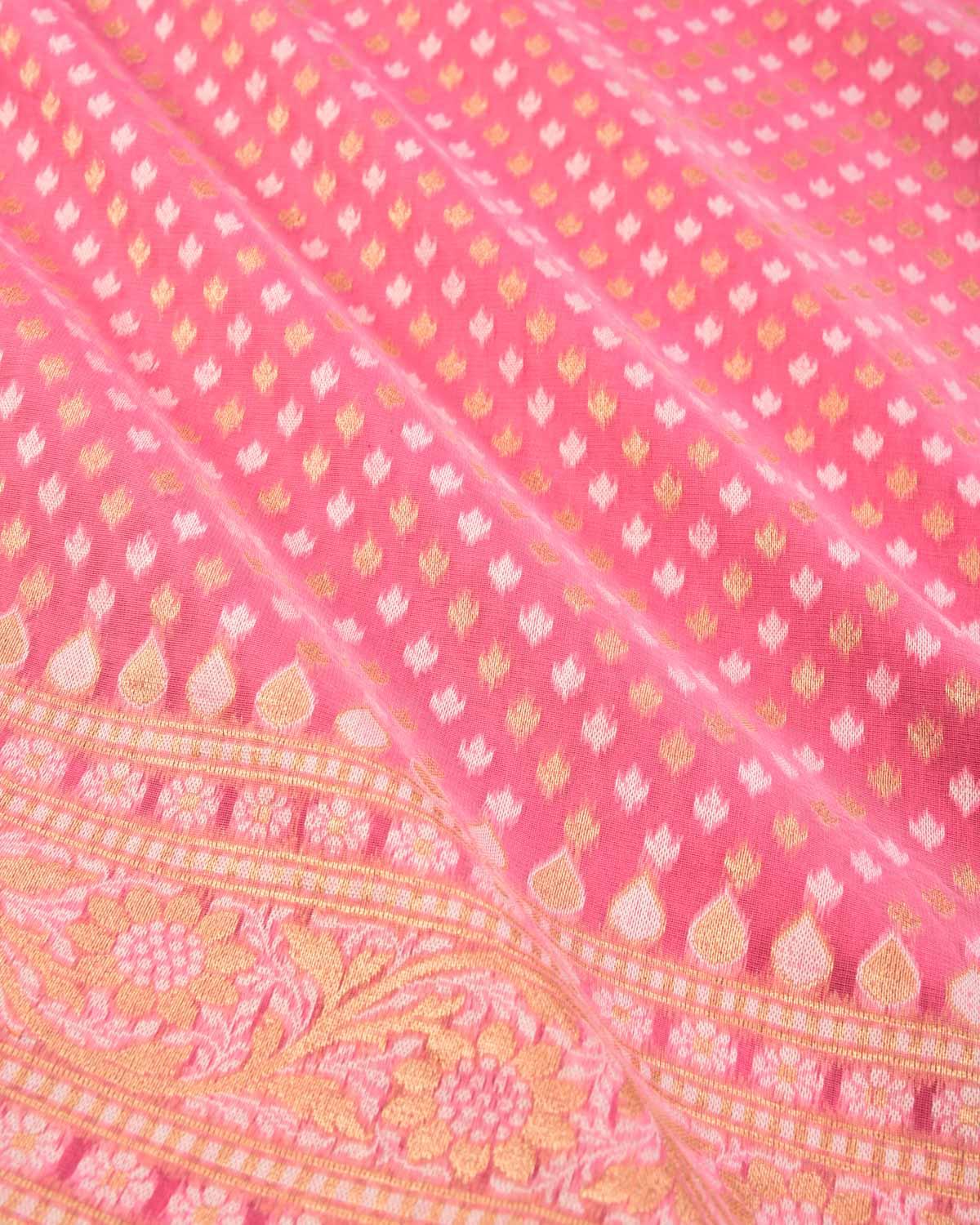 Pink Banarasi Gold Zari & White Chevron Buti Cutwork Brocade Woven Art Cotton Silk Saree - By HolyWeaves, Benares