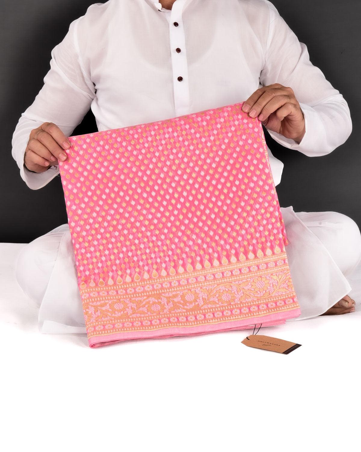 Pink Banarasi Gold Zari & White Chevron Buti Cutwork Brocade Woven Art Cotton Silk Saree - By HolyWeaves, Benares