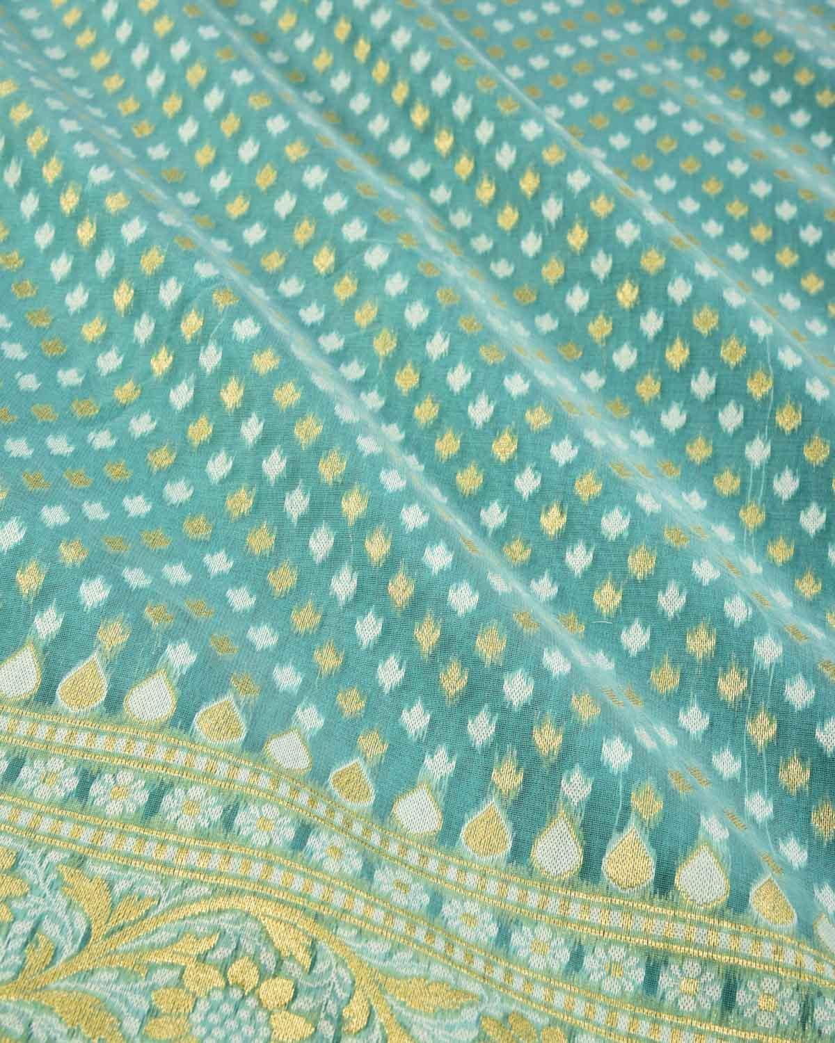 Caribbean Green Banarasi Gold Zari & White Chevron Buti Cutwork Brocade Woven Art Cotton Silk Saree - By HolyWeaves, Benares