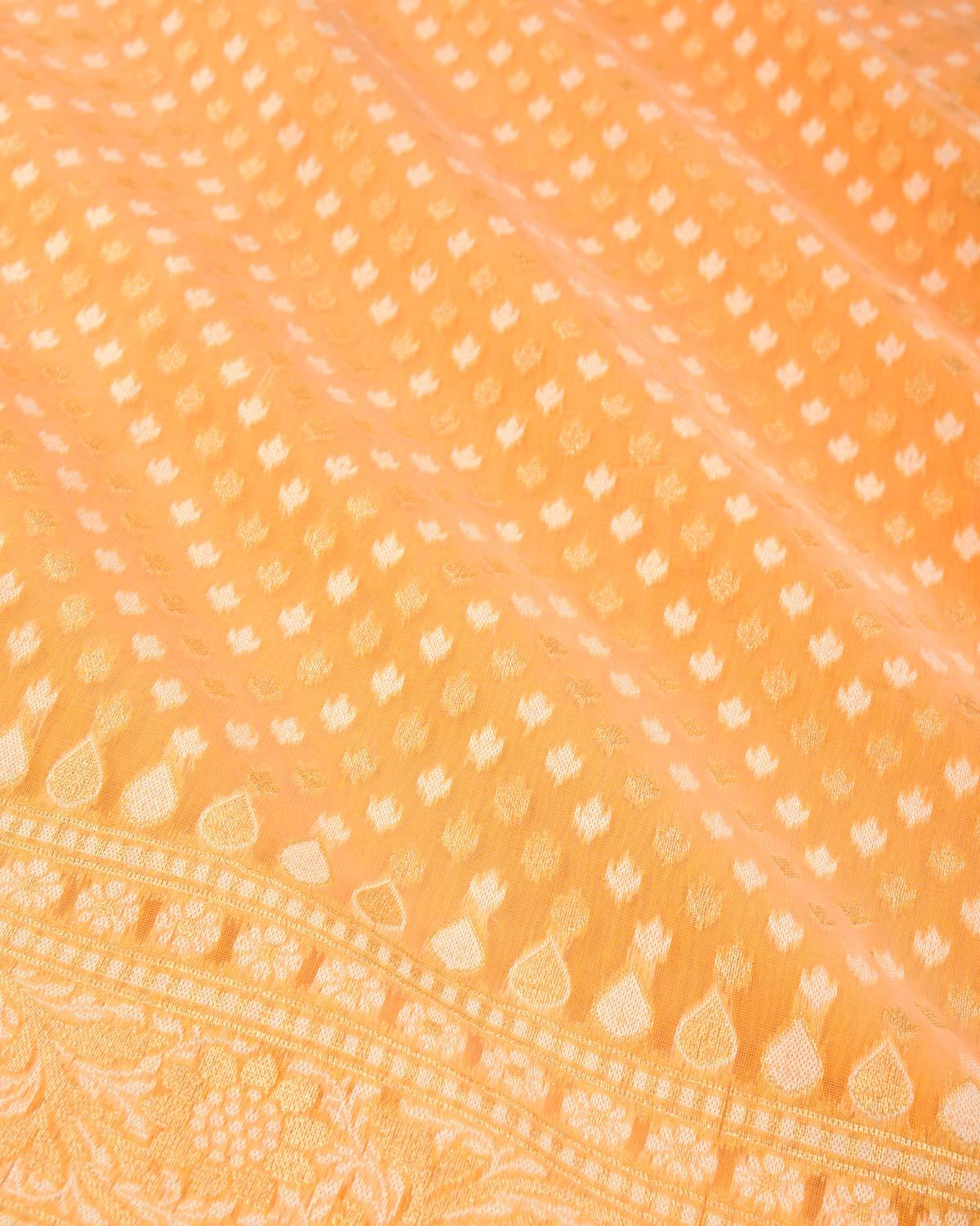 Orange Banarasi Gold Zari & White Chevron Buti Cutwork Brocade Woven Art Cotton Silk Saree - By HolyWeaves, Benares